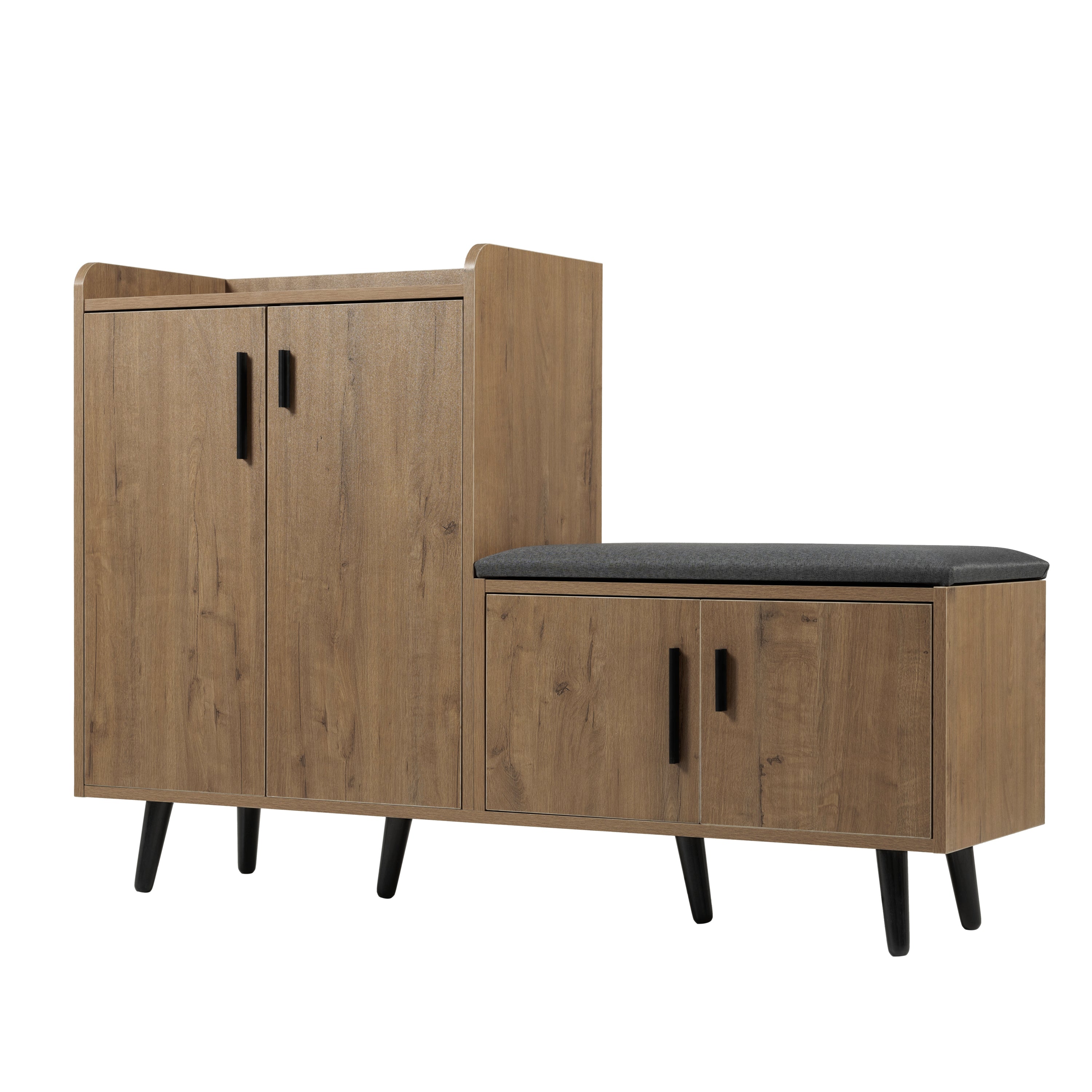 Modern shoe bench with wood grain, shoe cabinet, four storage doors, asymmetrical metal handles