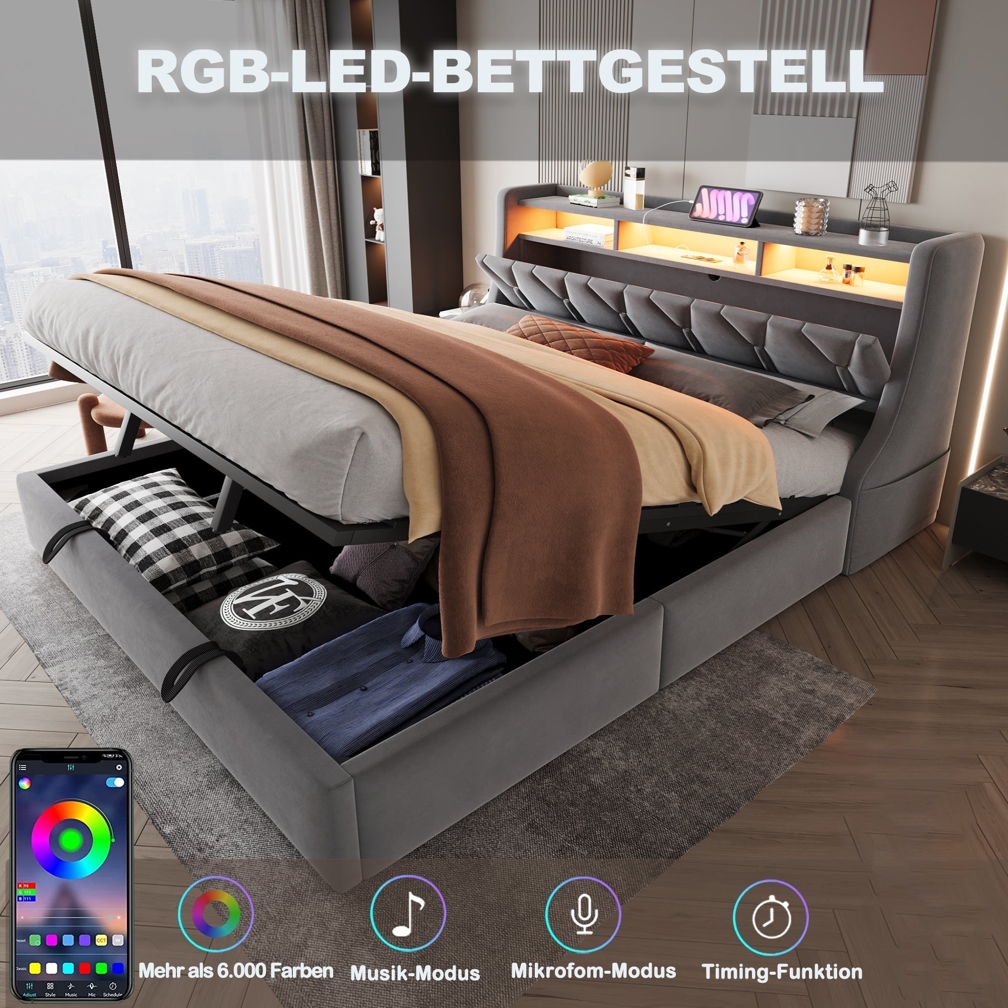 Upholstered Bed 180 x 200 cm with Hydraulic Storage and LED Lighting, Grey Velvet
