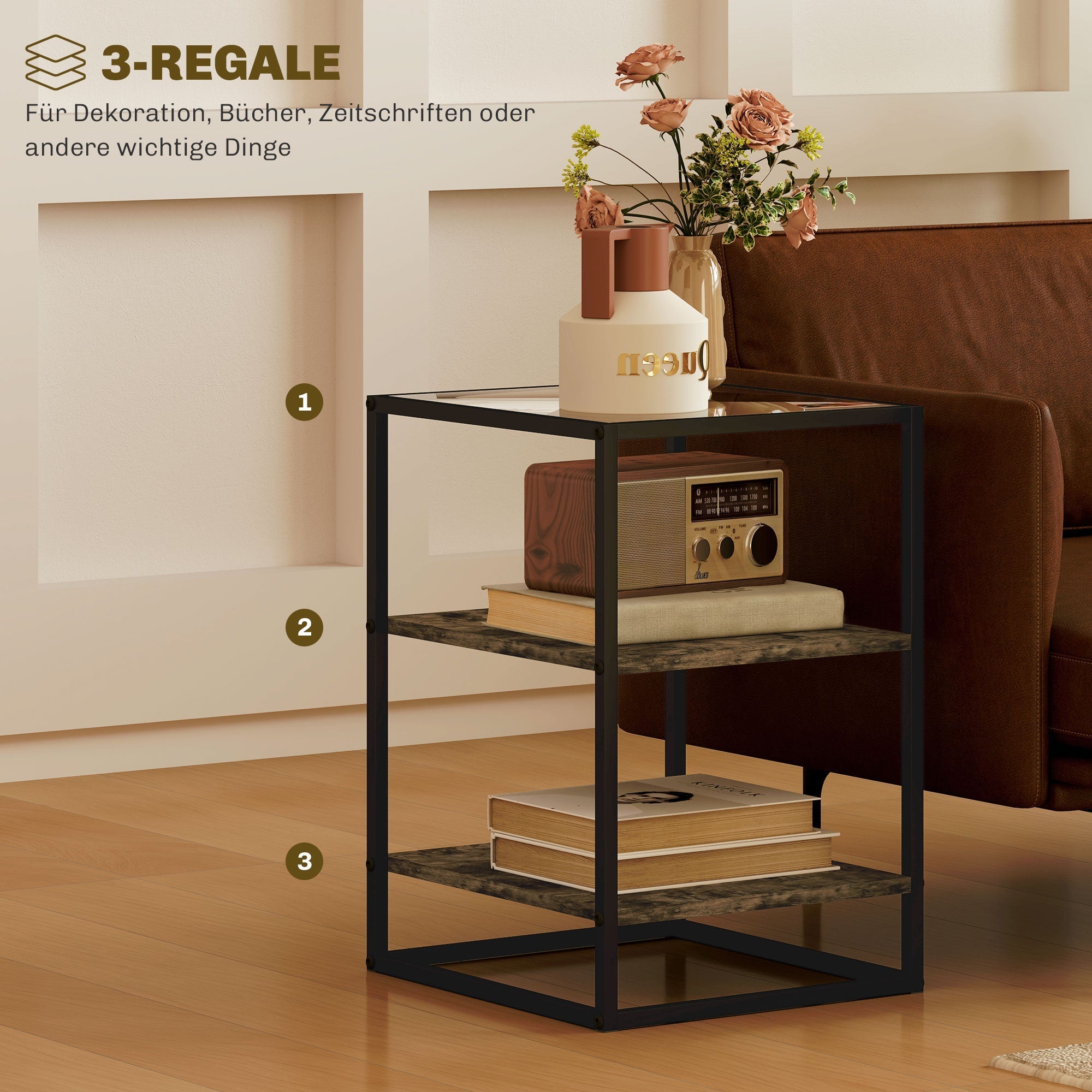 Set of 2 coffee tables, glass tops, 3 levels, rustic brown