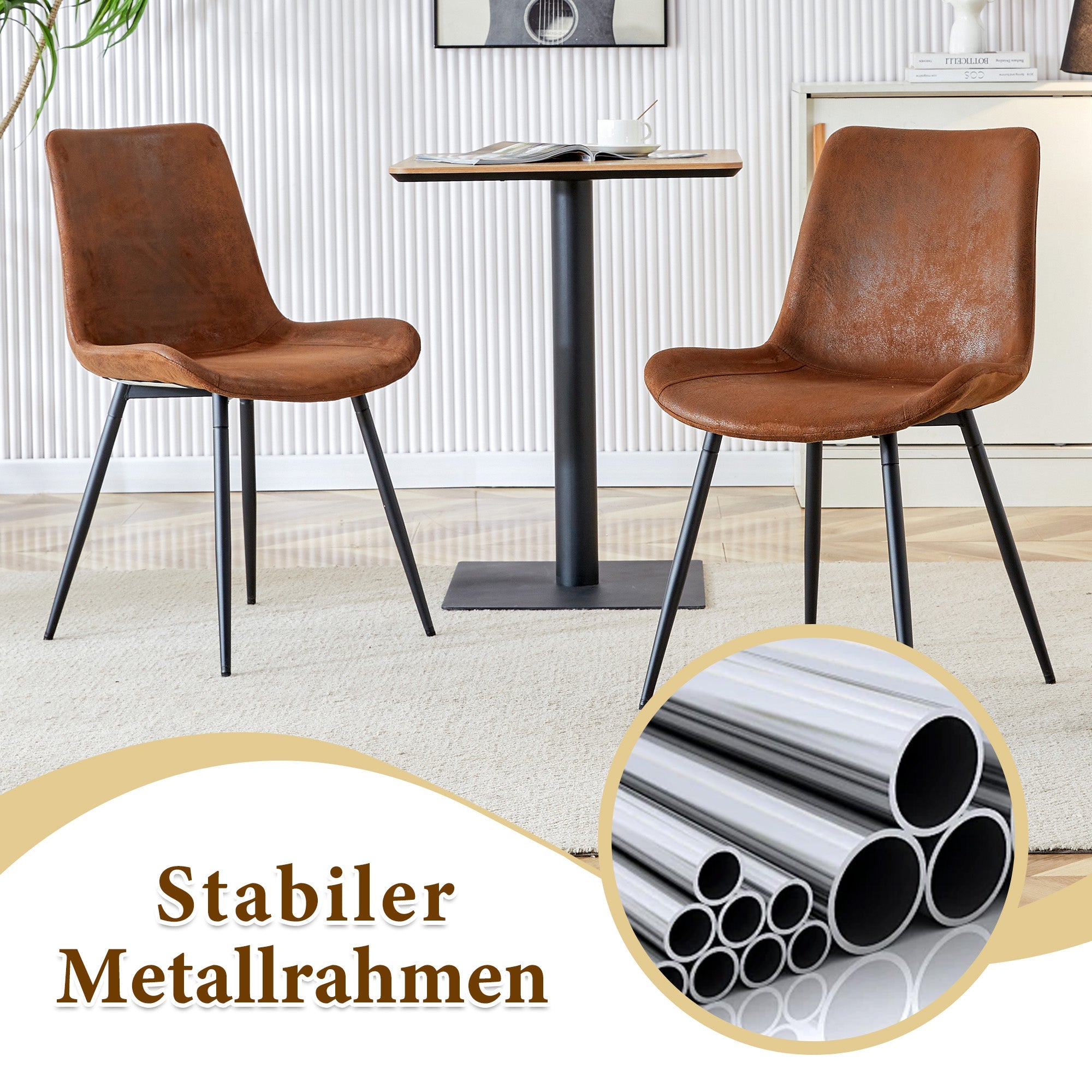 Modern Minimalist Round Table Set 100cm with 4 Tech Fabric Armchairs Black Wood Look & Brown