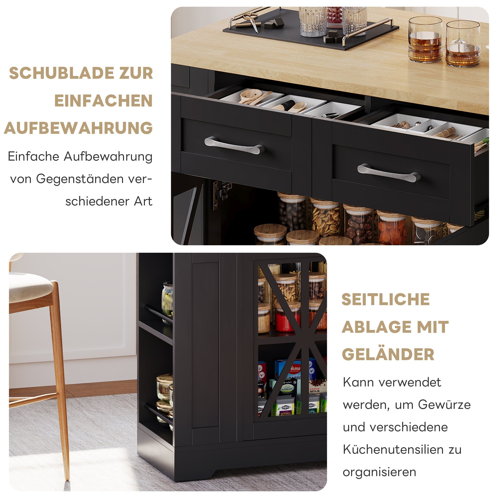 Portable Kitchen Island with Folding Dining Table, AC and USB Ports and Glass Door, Wood Effect