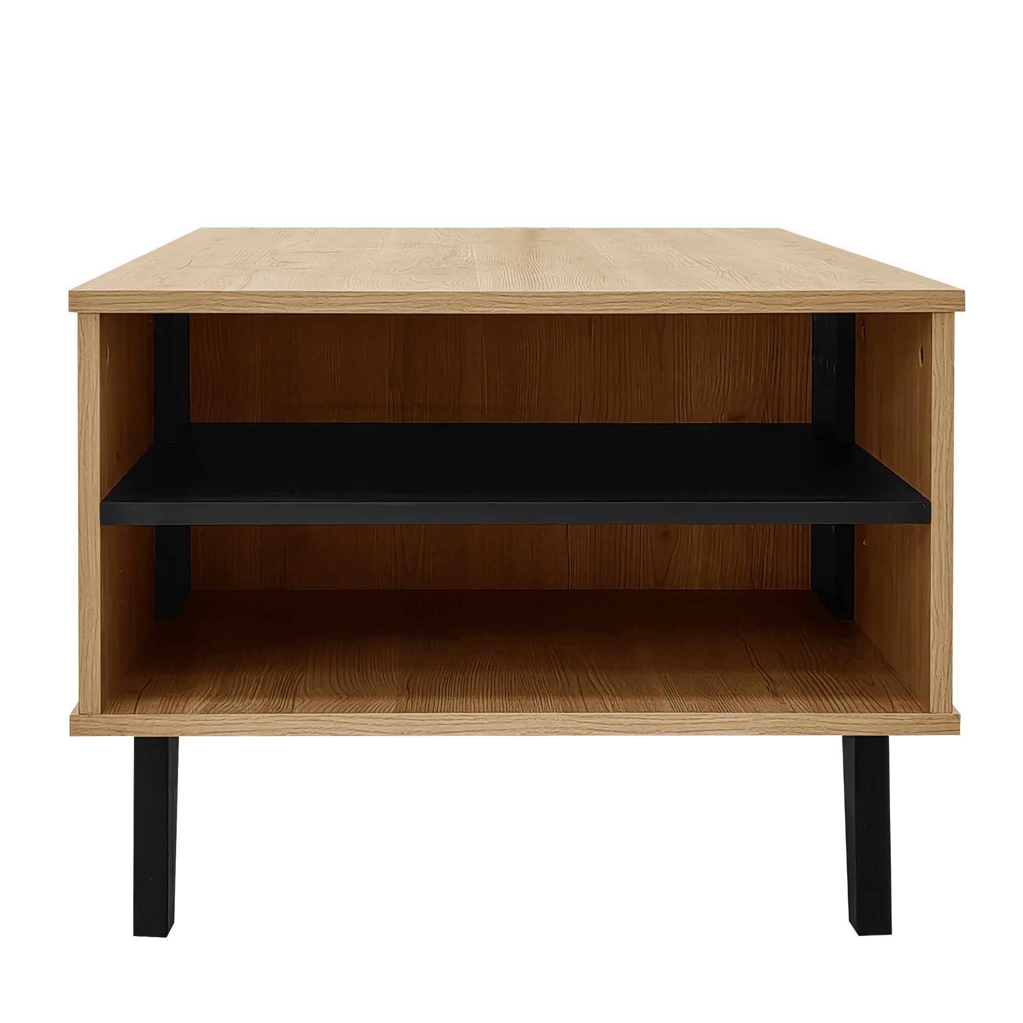 Coffee table with side table and drawer, versatile storage, wood and black design