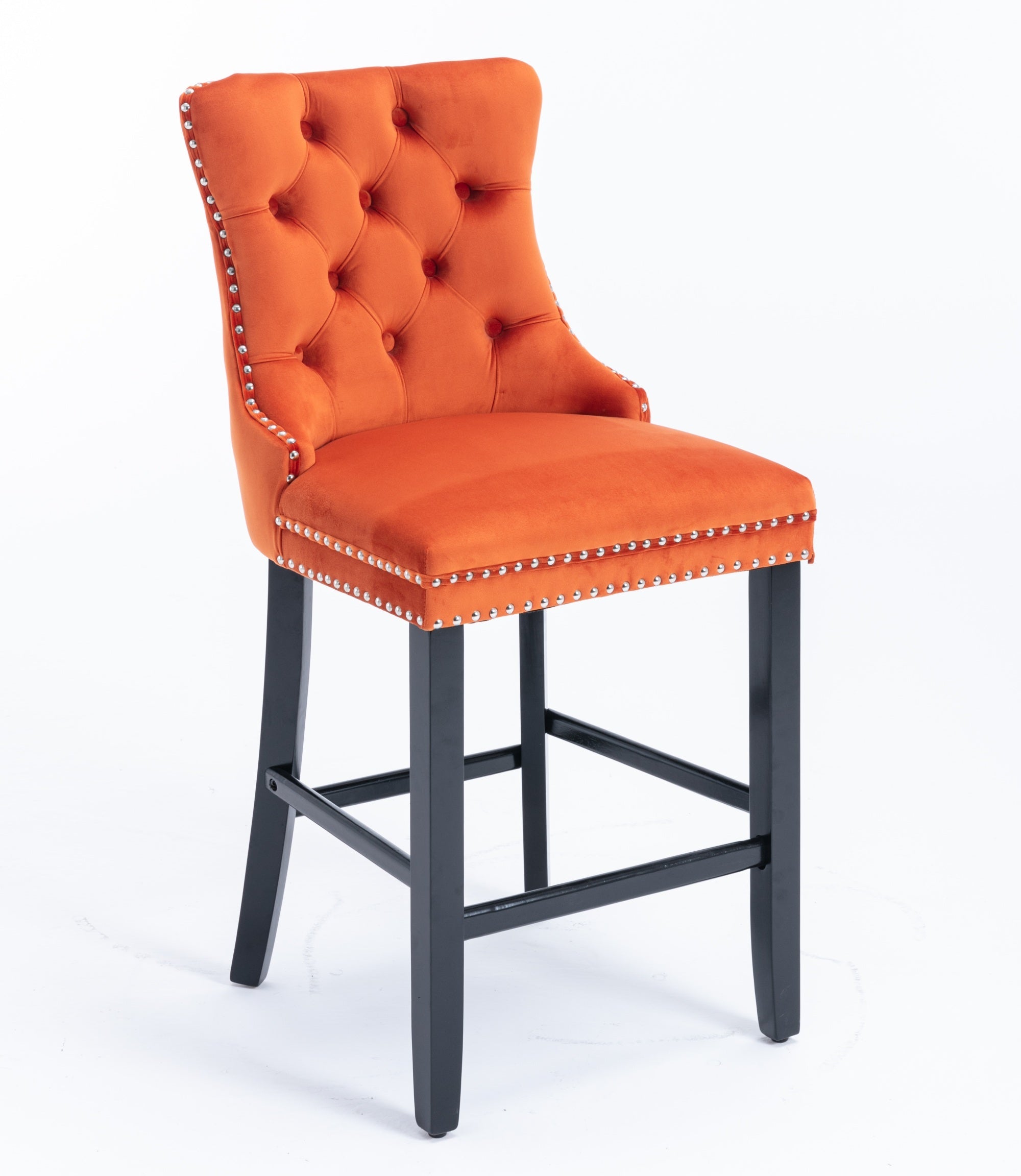 Barstools Set of 2 Button Tufted Velvet Wooden Legs - Orange