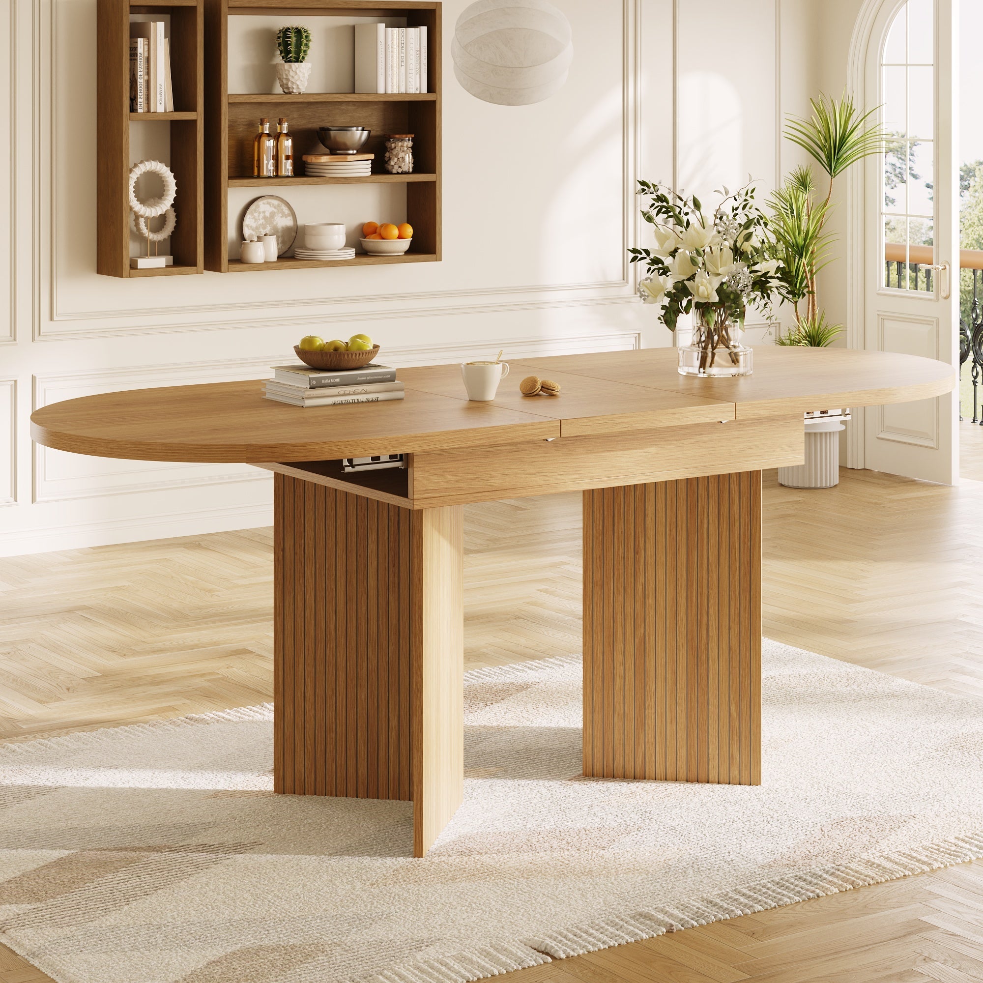 Extendable Dining Table with Internal Extension Leaves, 120-160 x 80 cm, Natural Wood
