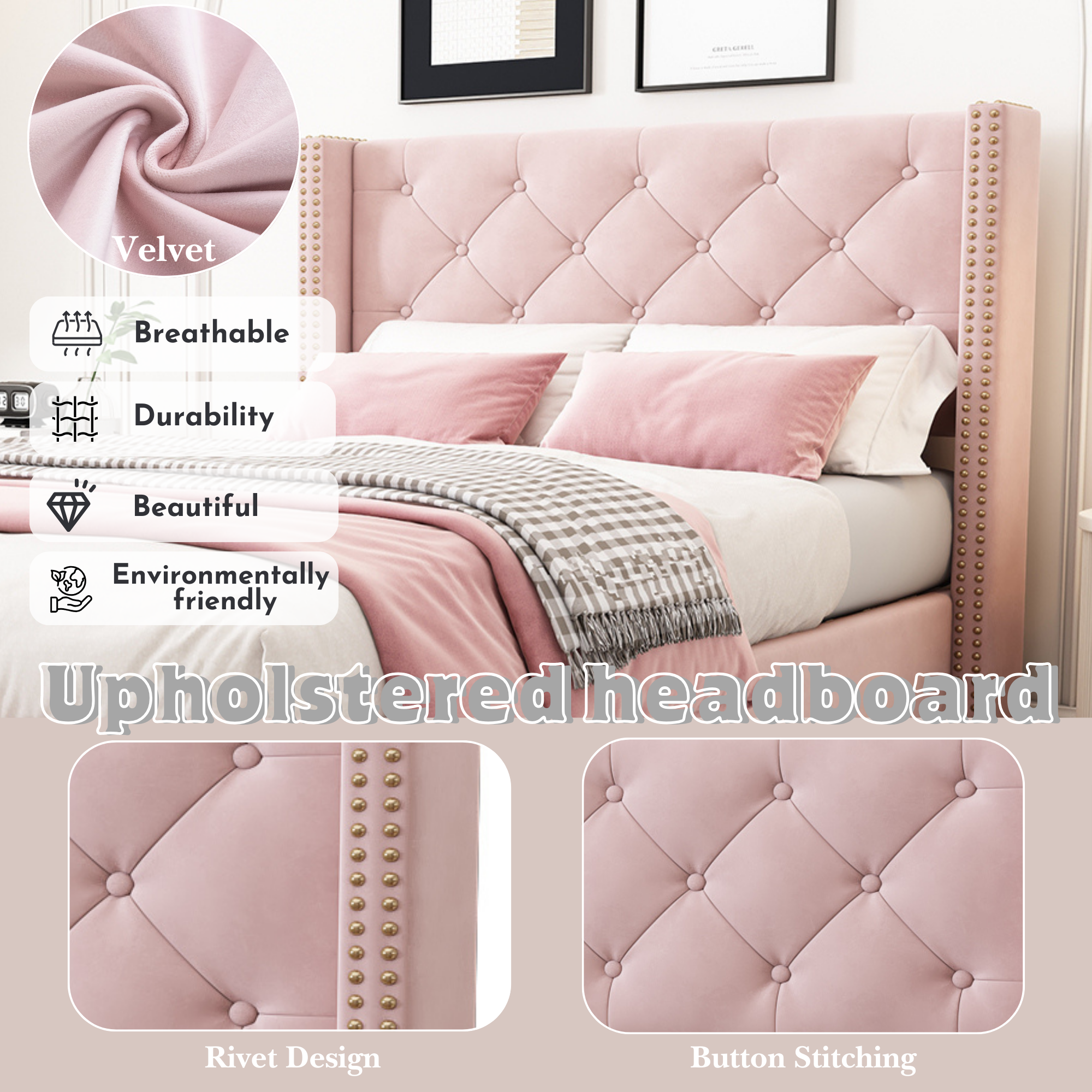 Pink Velvet Upholstered 3ft Single Bed with Slatted Frame
