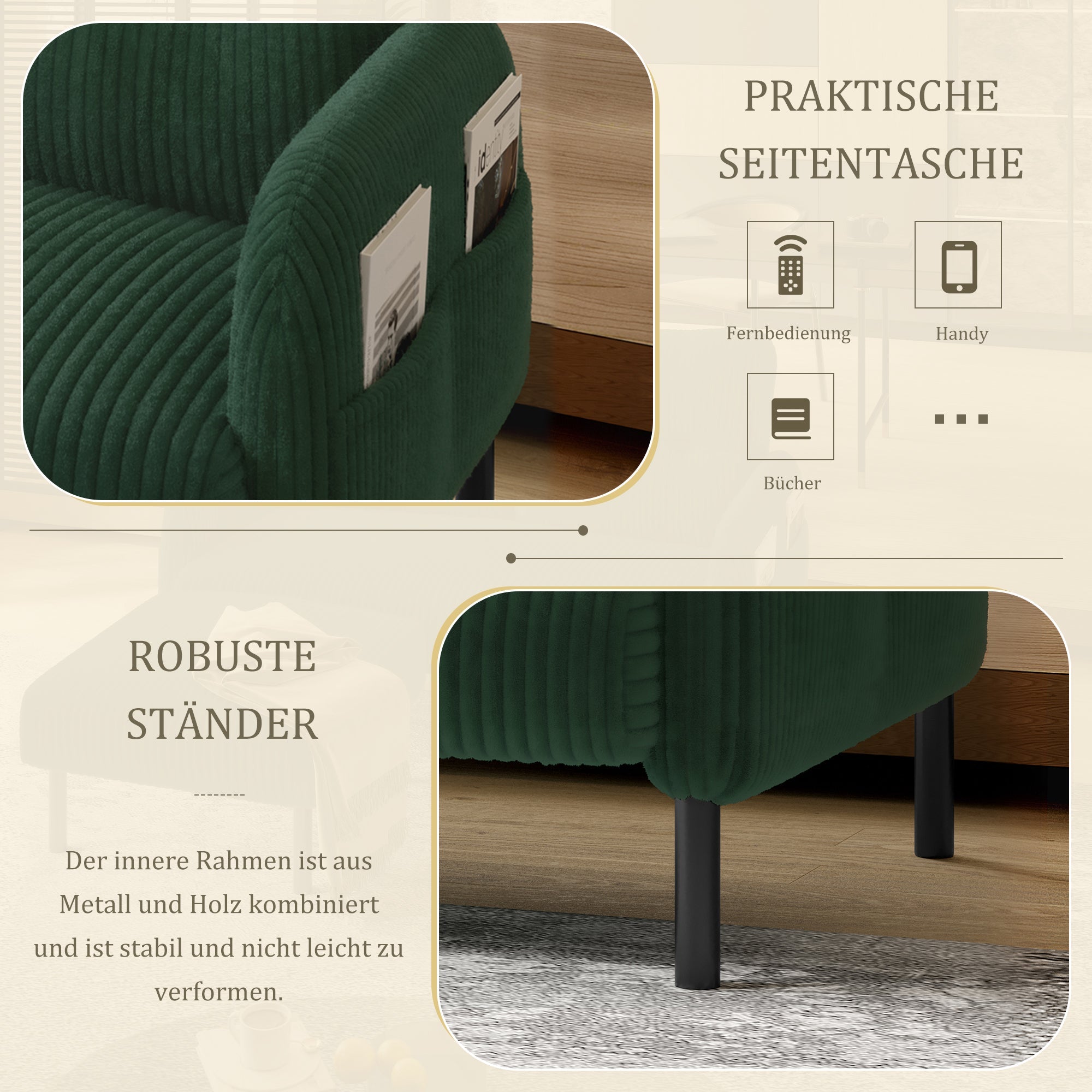 Two-Seater Sofa, Comfort Padding High Backrest Side Pockets Metal Feet, Corduroy