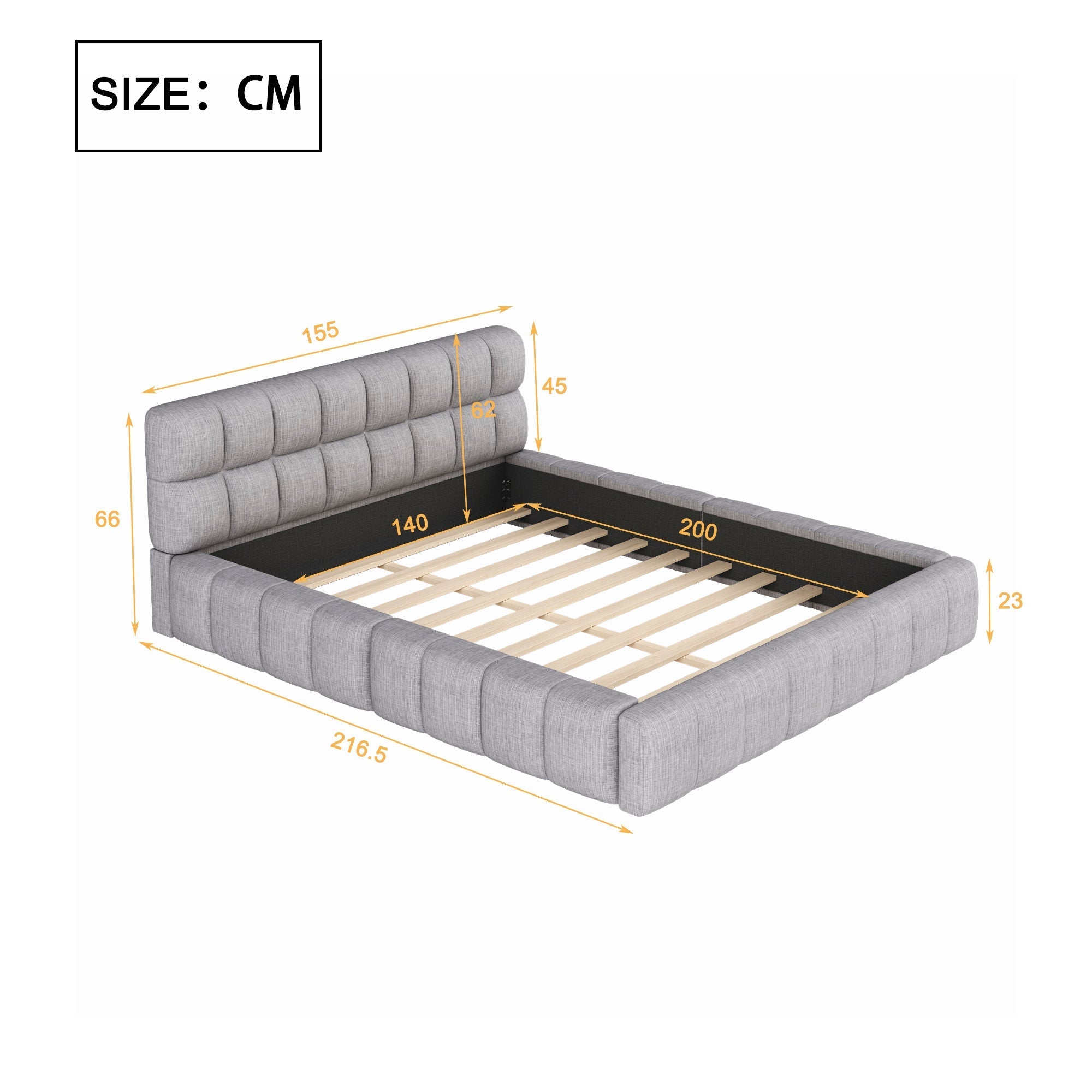 Upholstered Bed 140x200cm Double with Soft Backrest, Linen Grey