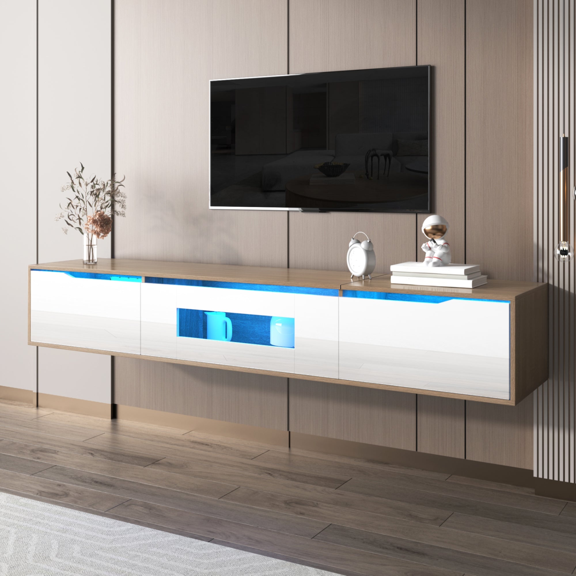 TV Cabinet, High Gloss with Color Changing LED Light, White and Wood Color