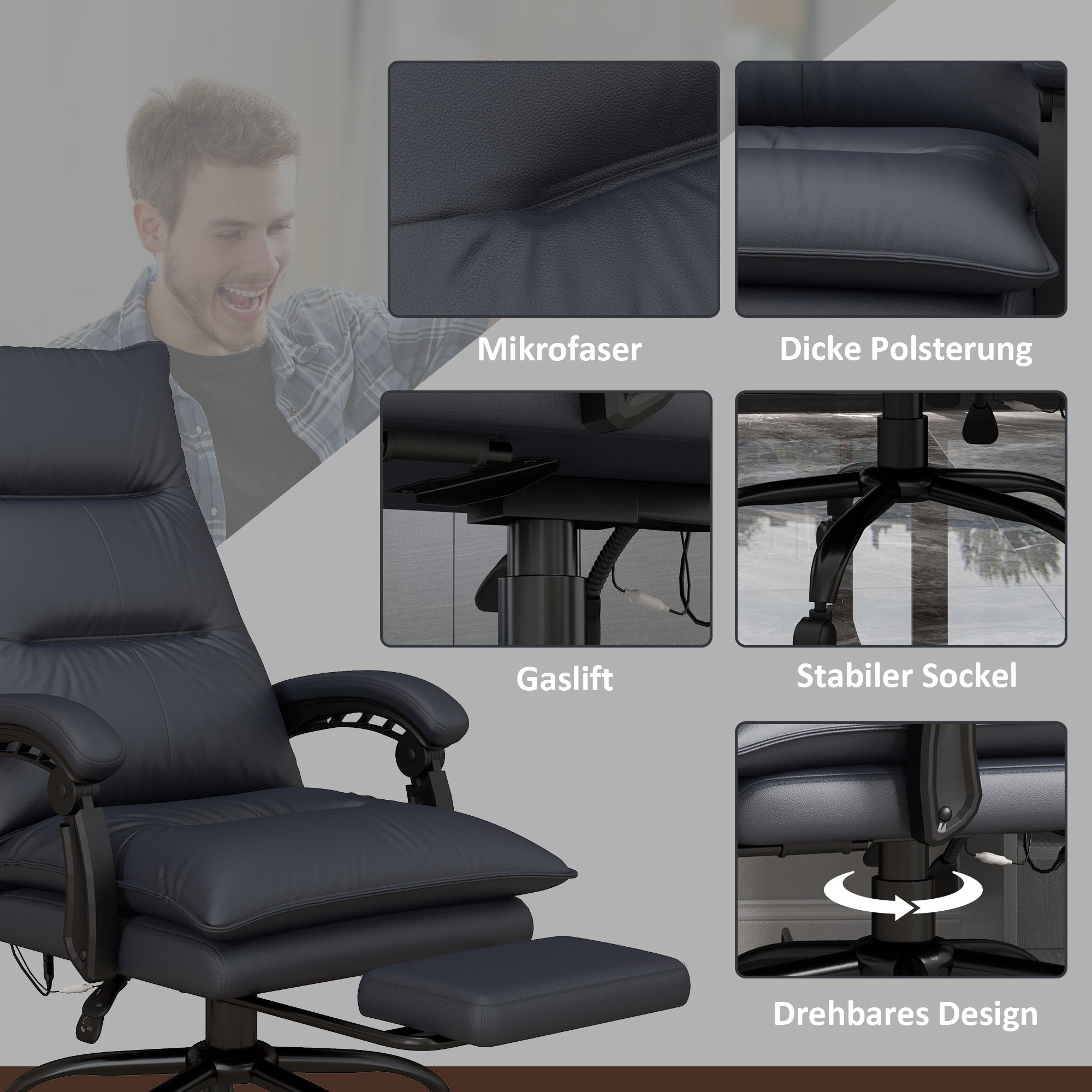 Vinsetto Office Chair with Massage Function, Height-Adjustable, Footrest, Dark Grey