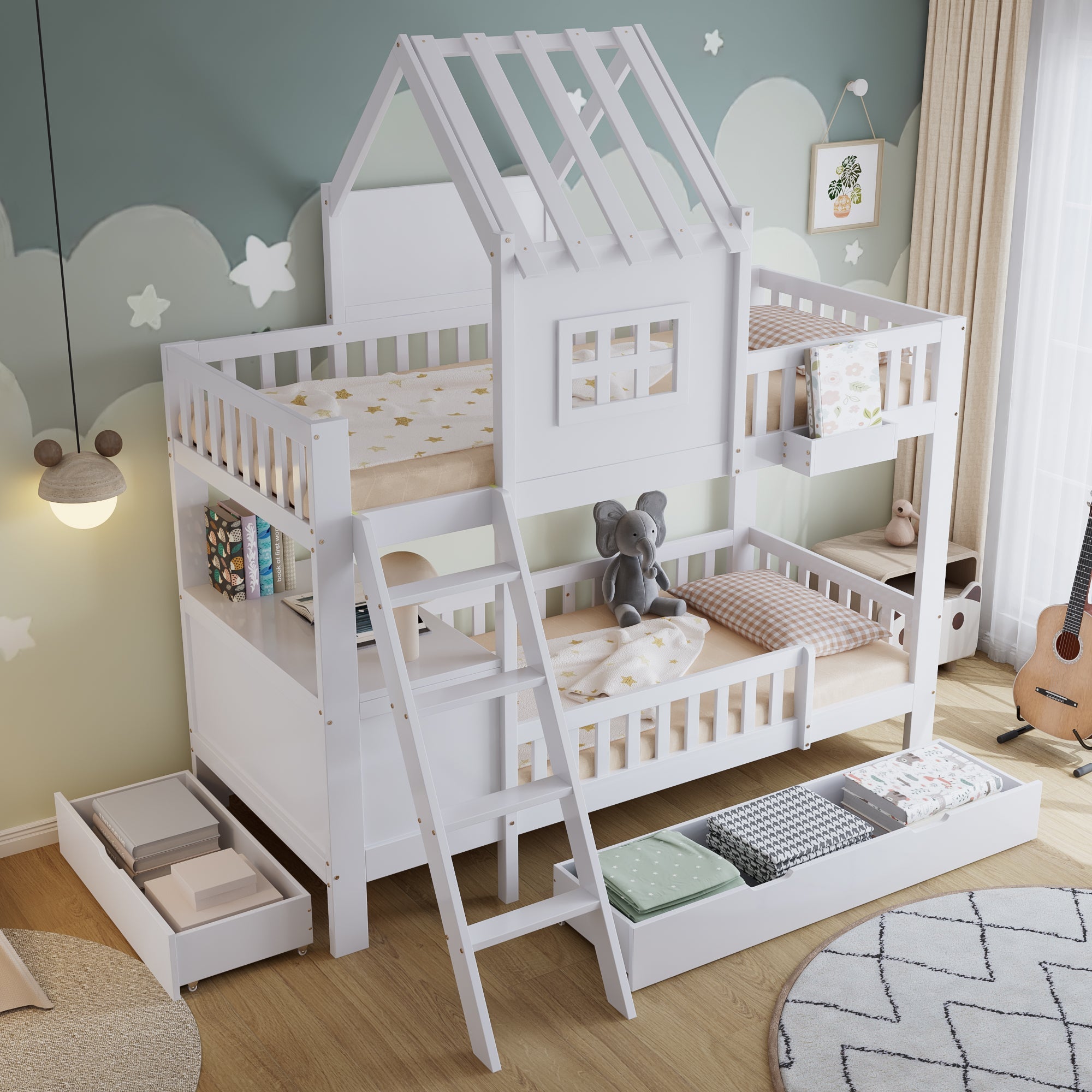 Bunk Bed, Roof & Window with Drawers, Reading Table, Storage Basket, Pine + MDF + Plywood, White