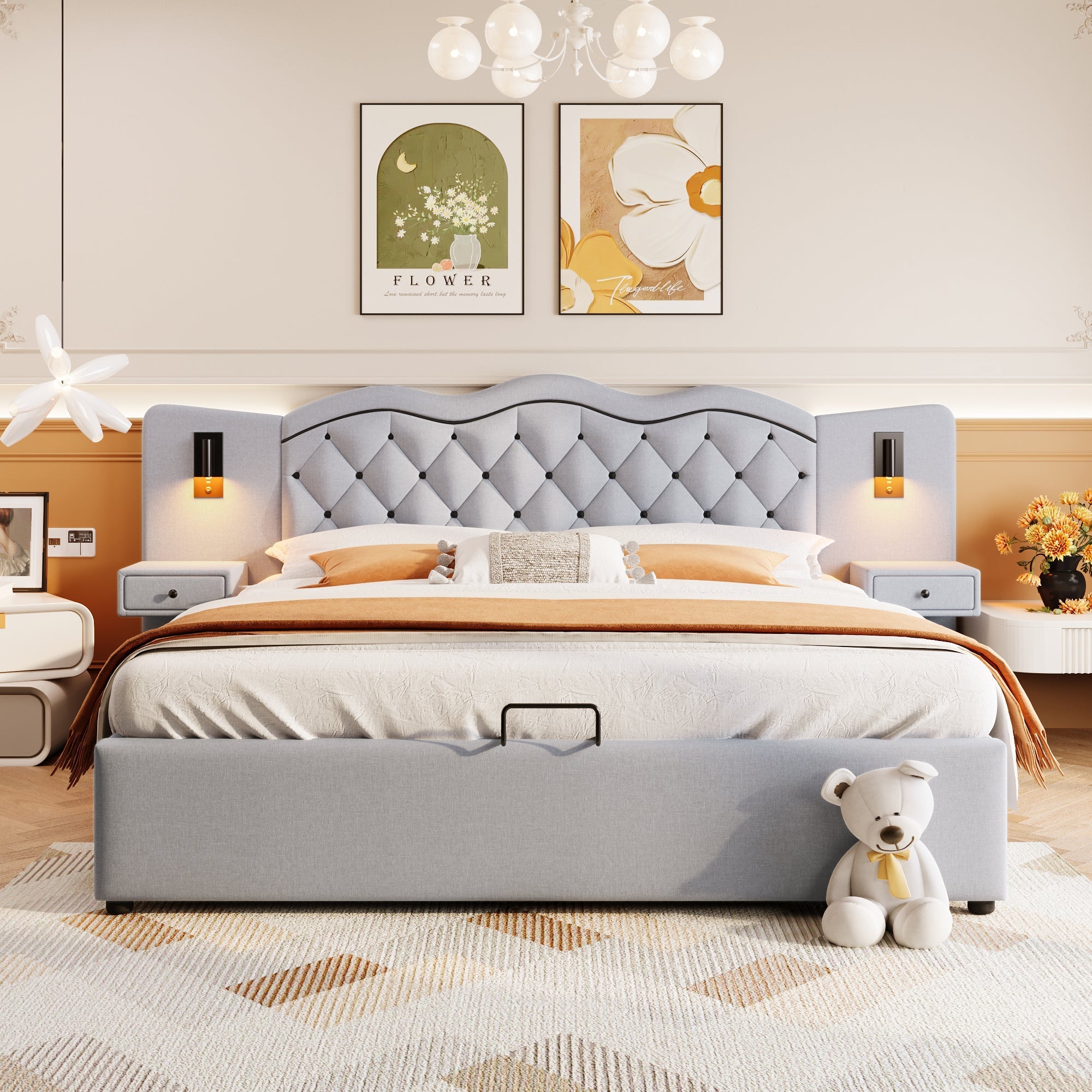 Upholstered Flat Bed with Hydraulic Lifting Mechanism, USB Ports and Storage, Grey