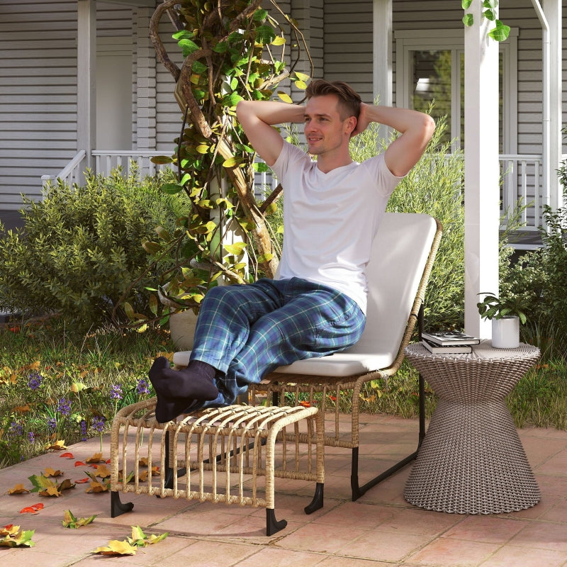Rattan Relaxing Chair with Footstool, UV-resistant Garden Chair, Natural Wood