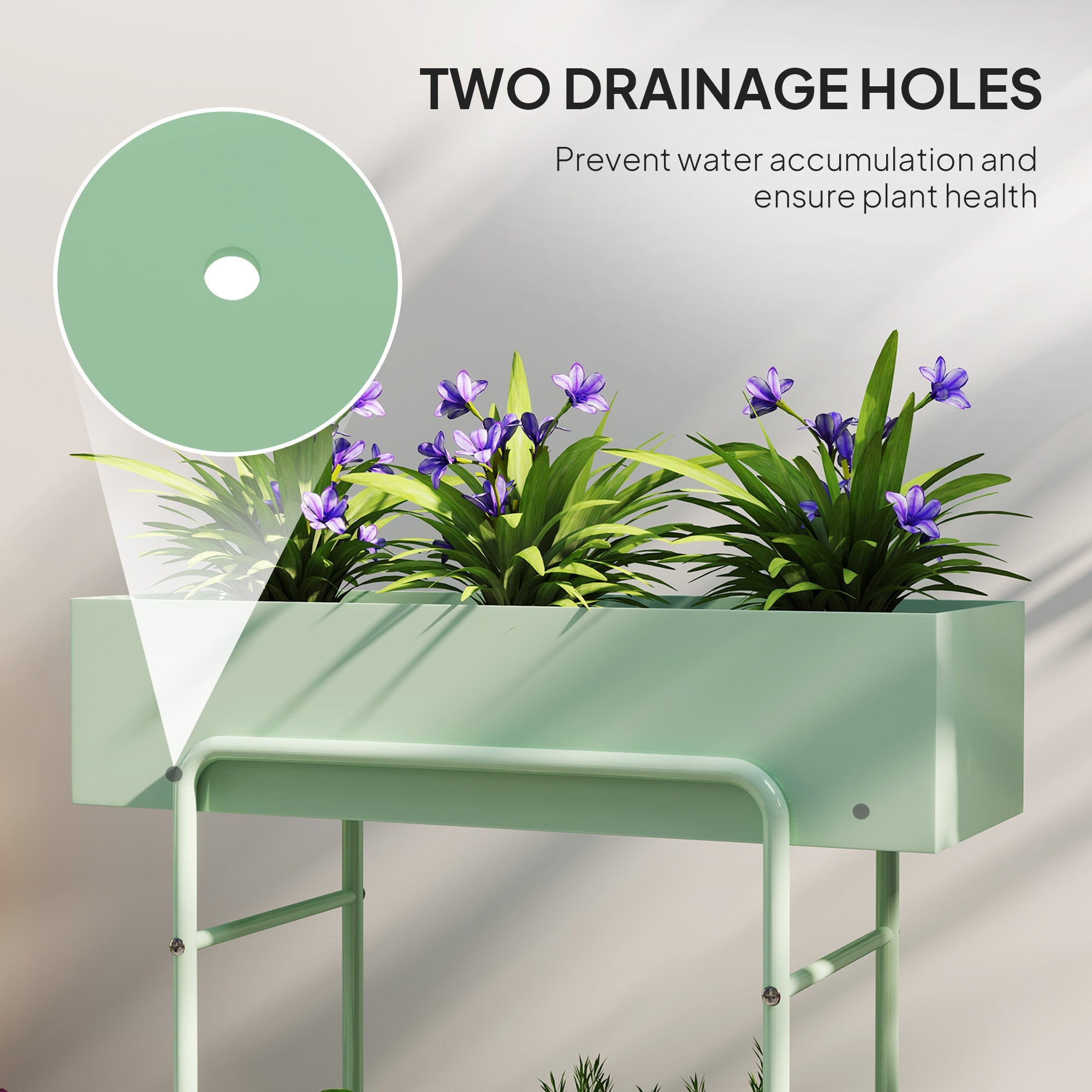 2 Tier Plant Stand with Drain Holes, Floor-standing, Indoor Outdoor Metal, Green