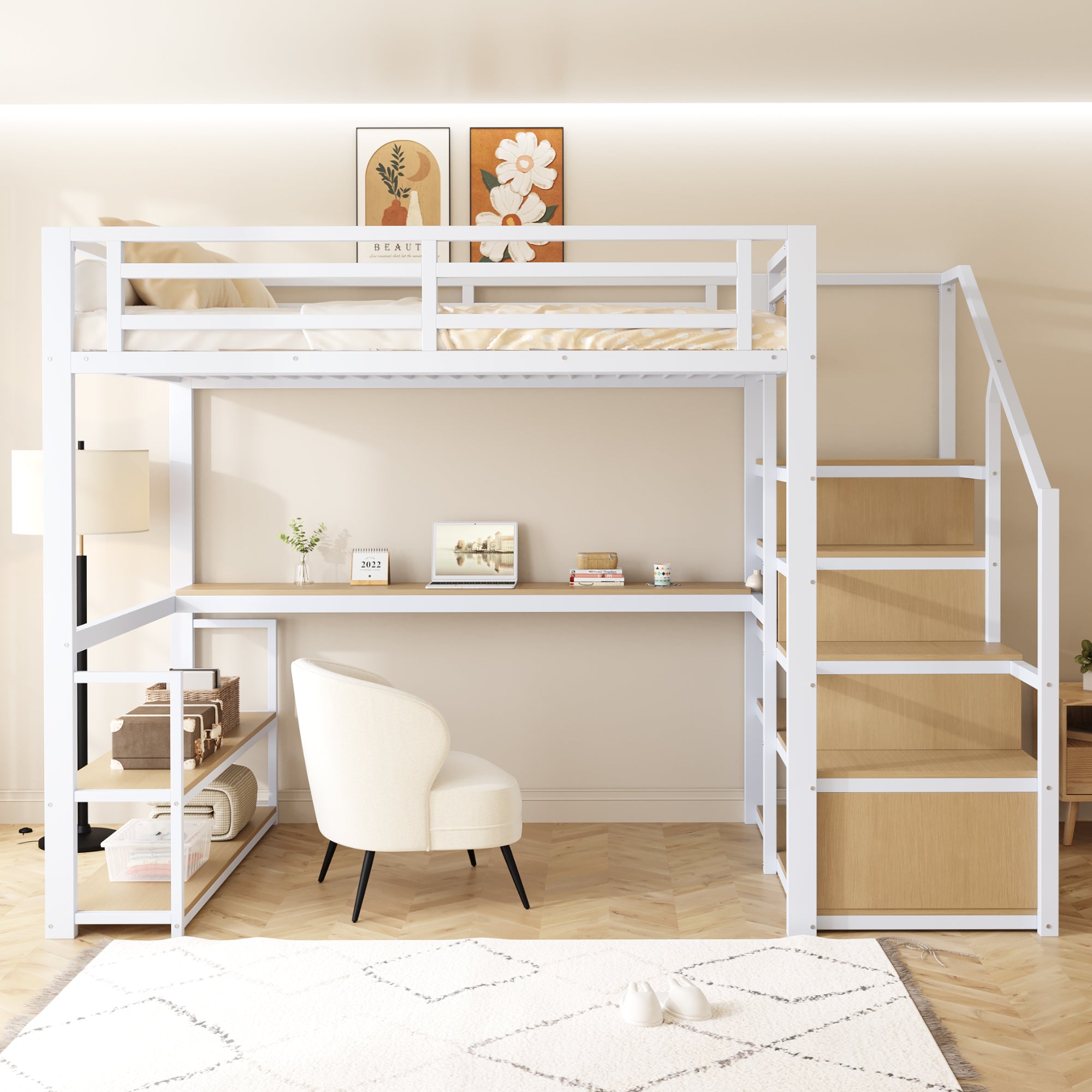 Metal Loft Bed with Storage Ladder, Shelves and Table, 140x200cm, White Metal
