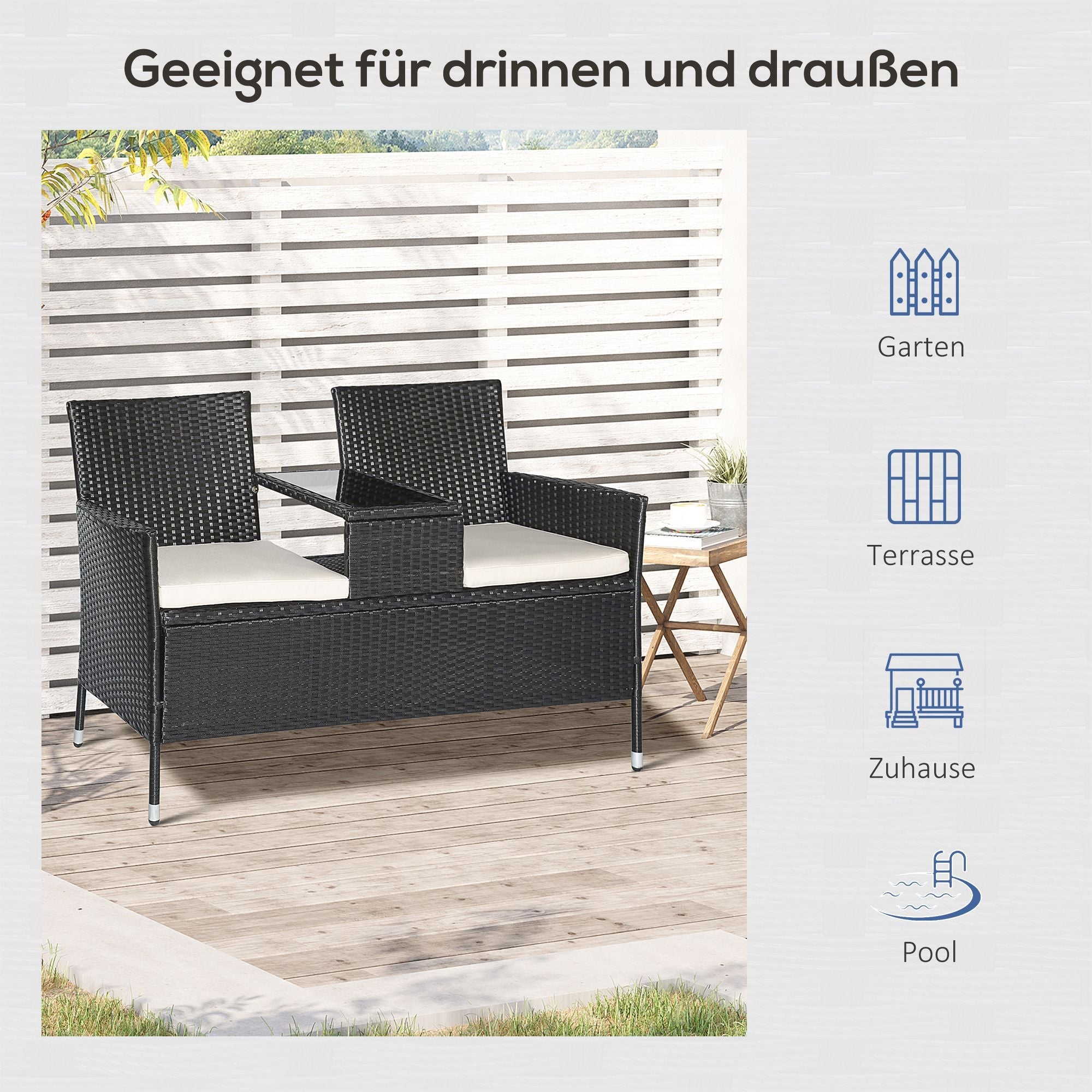 Polyrattan Garden Bench with Table, 2-Seater, Steel, Black