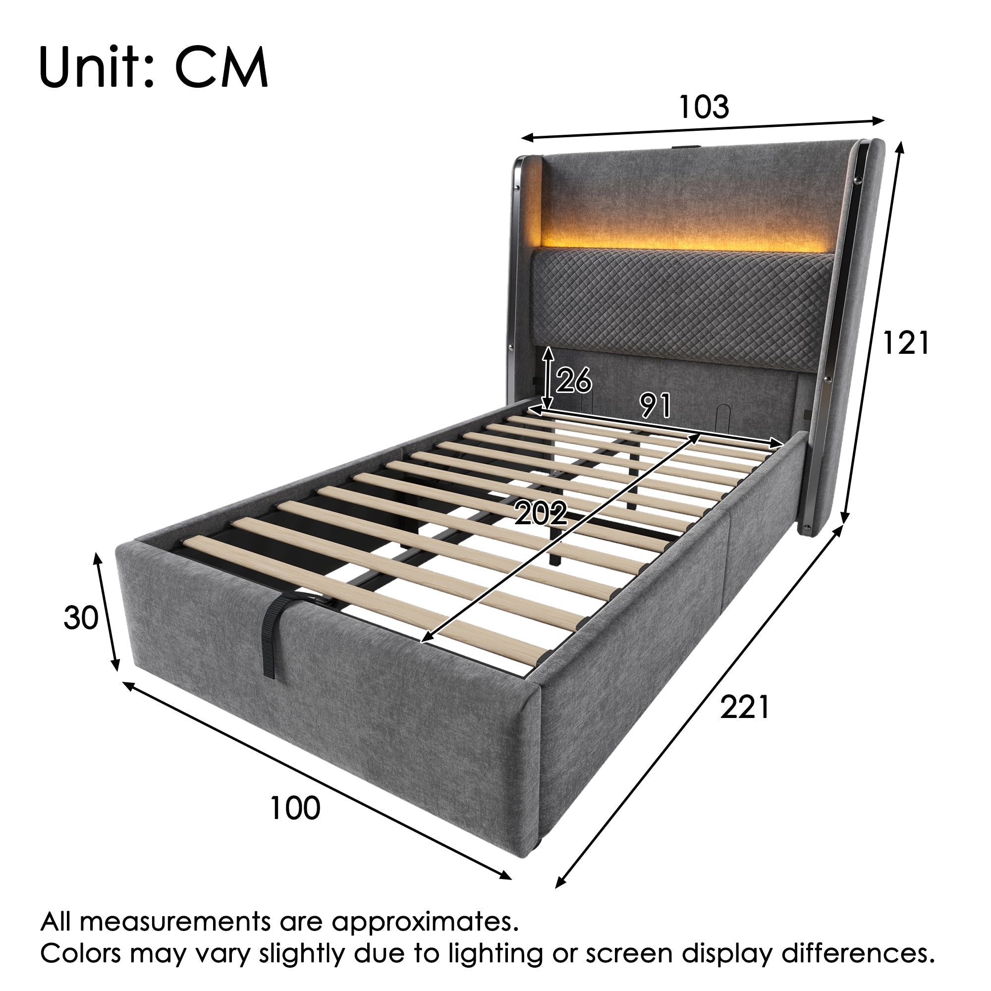Hydraulic Bed 90x200cm Single, High Headboard, LED, Storage, USB/Type-C, Linen Look Grey