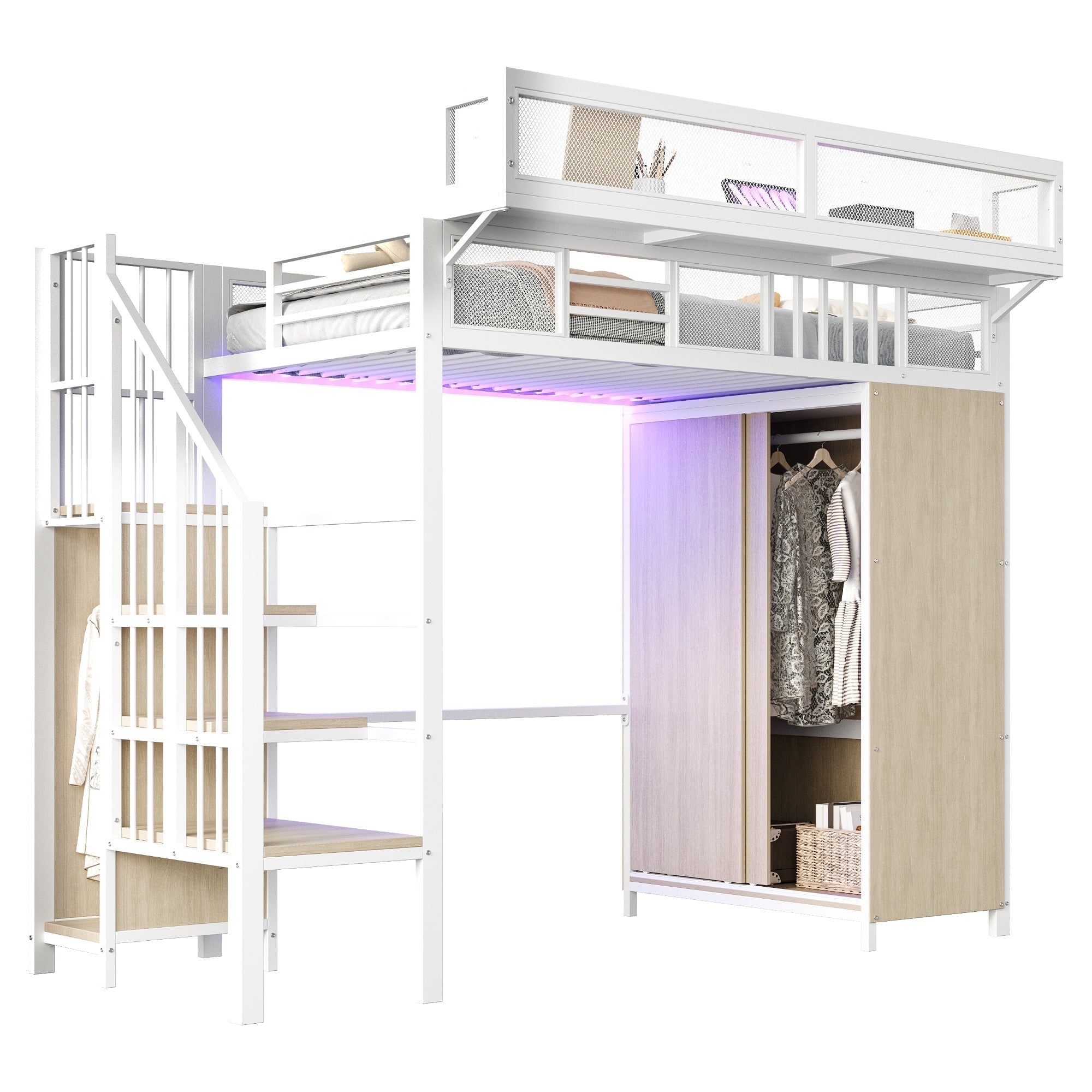 Metal Loft Bed with Wardrobe, Safety Ladder and LED Lighting, White