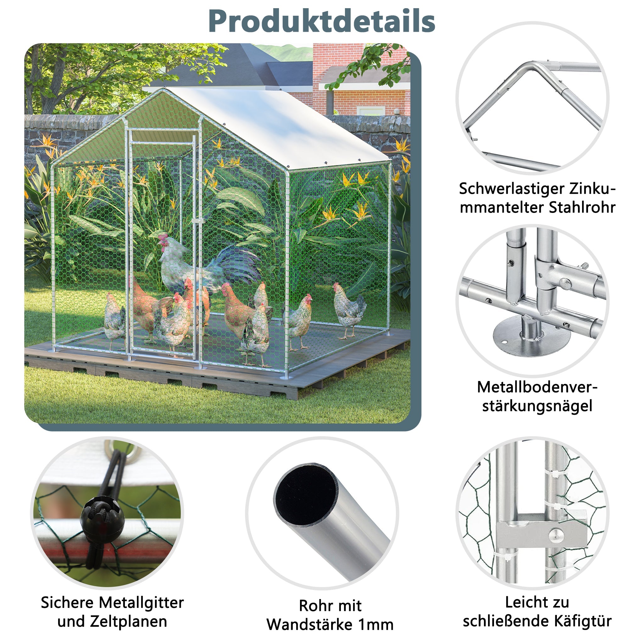 Free-range chicken coop 2x2x2m, safety lock, waterproof PE cloth, metal