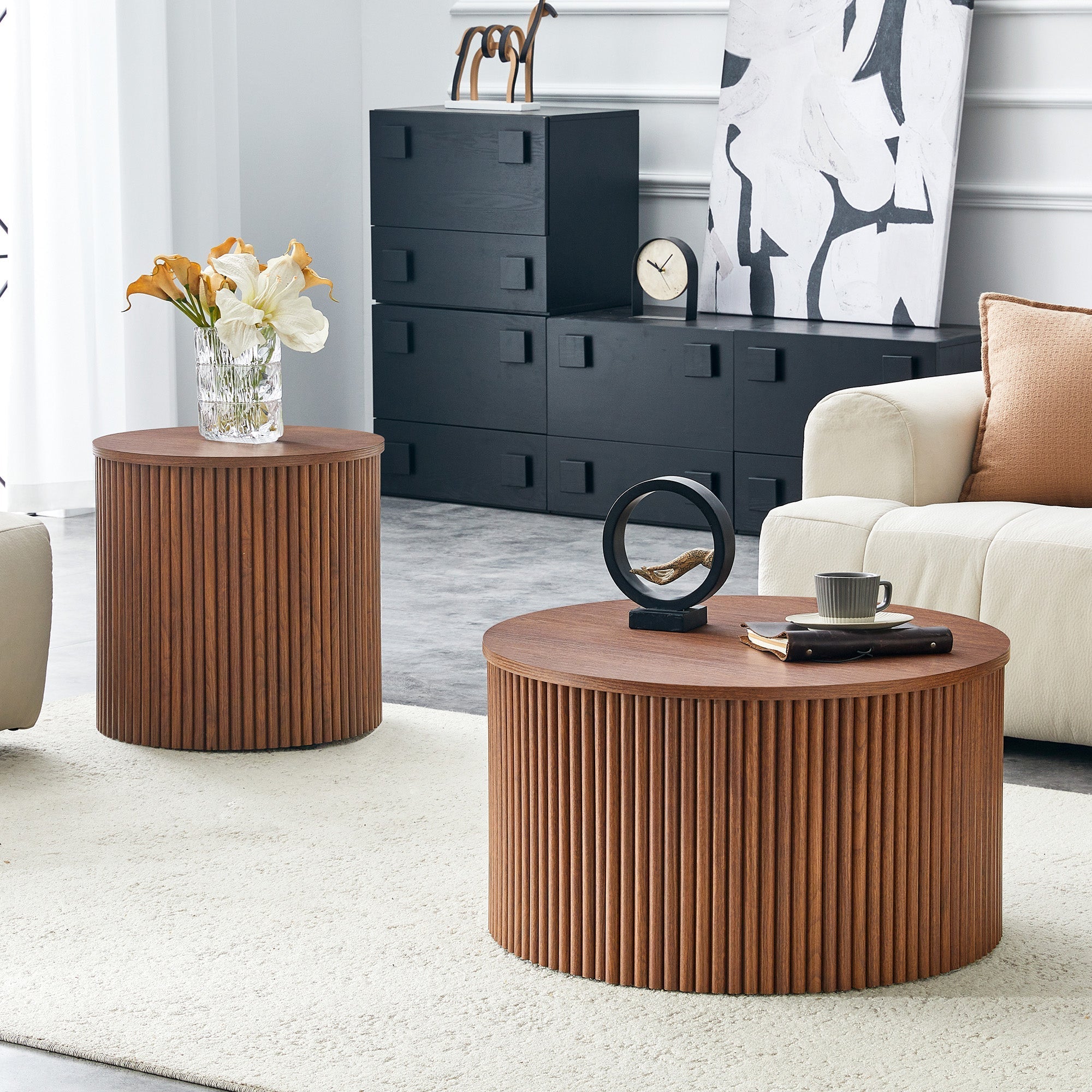 2-Piece Nesting Coffee Table Set, Roman Column Round Design with Built-in Storage, Walnut Grain MDF