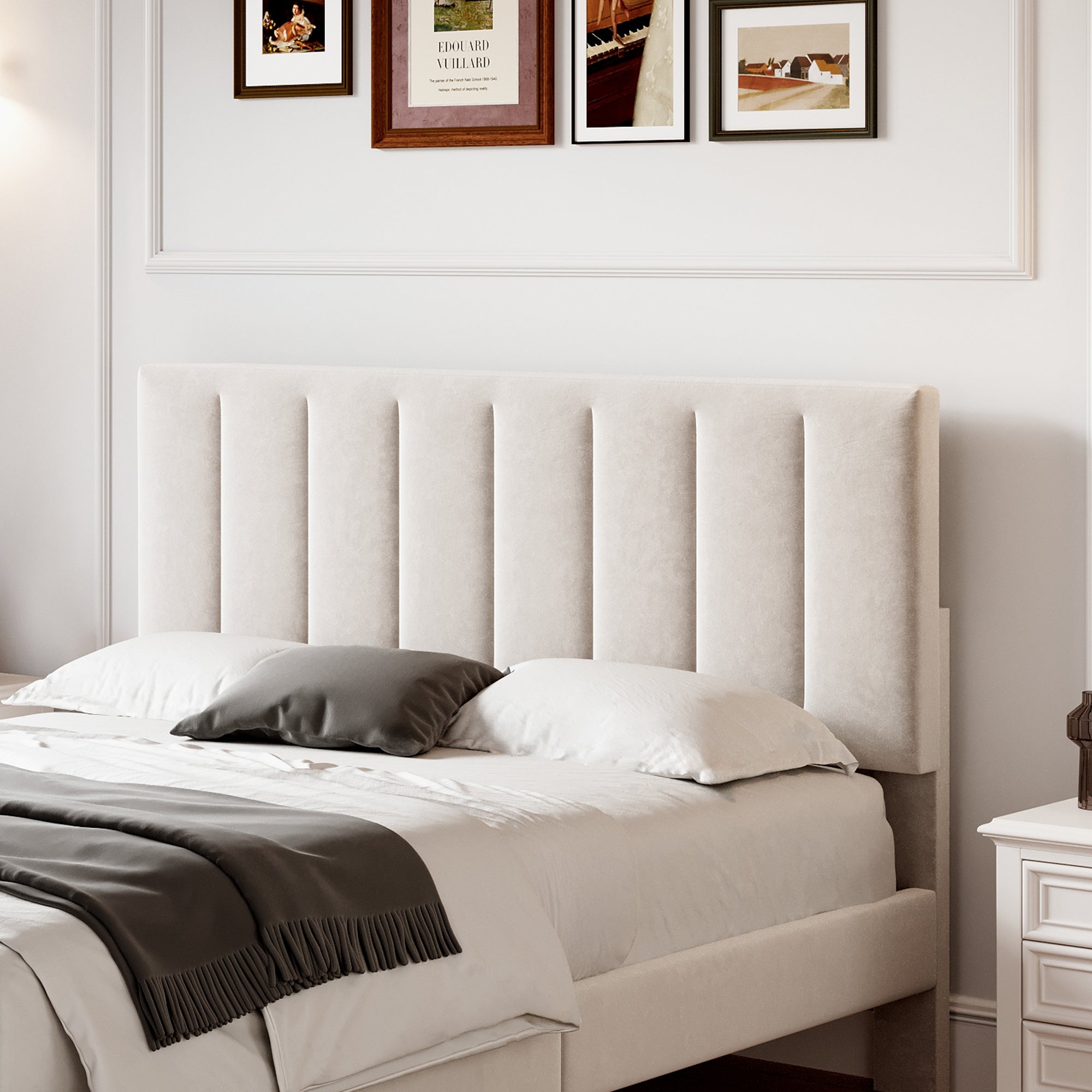 4ft6 Double Upholstered Velvet Bed Frame, Adjustable Channel Tufted Headboard, Solid Wood Slat, Mute Foam, Beige