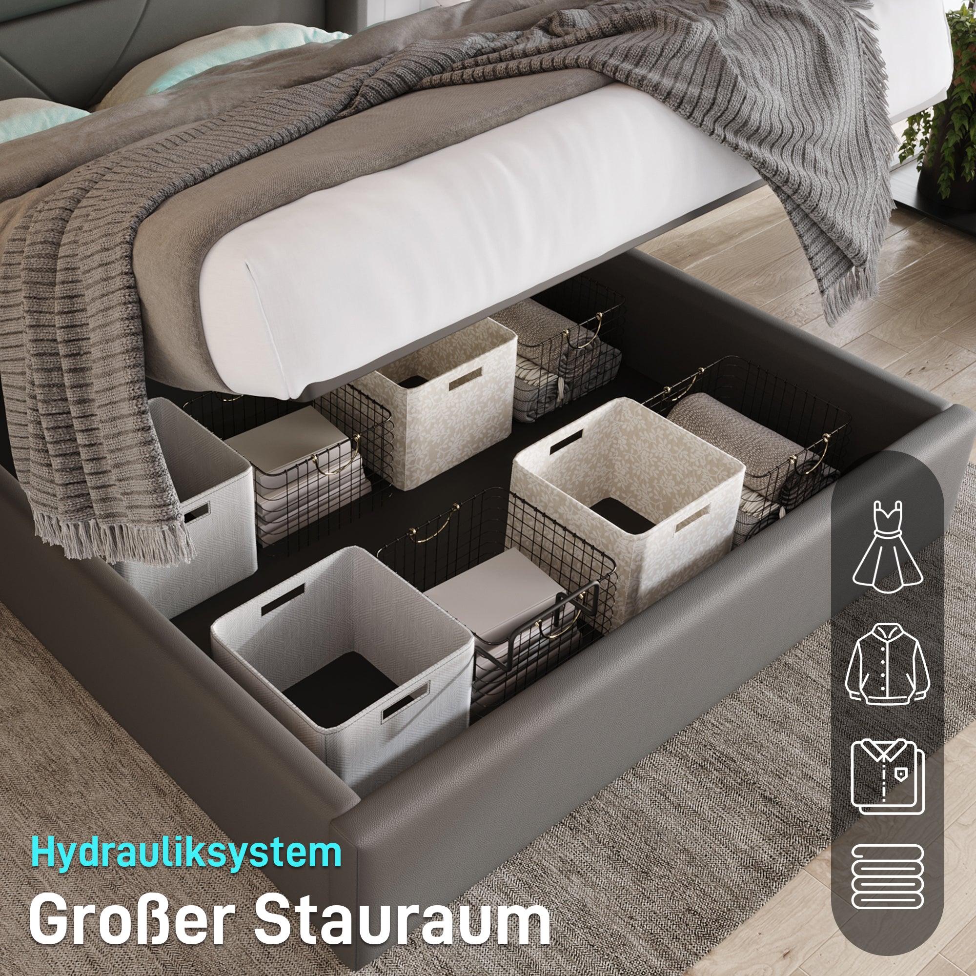 Hydraulic Storage Bed, LED, 140x200cm Upholstered, Gray