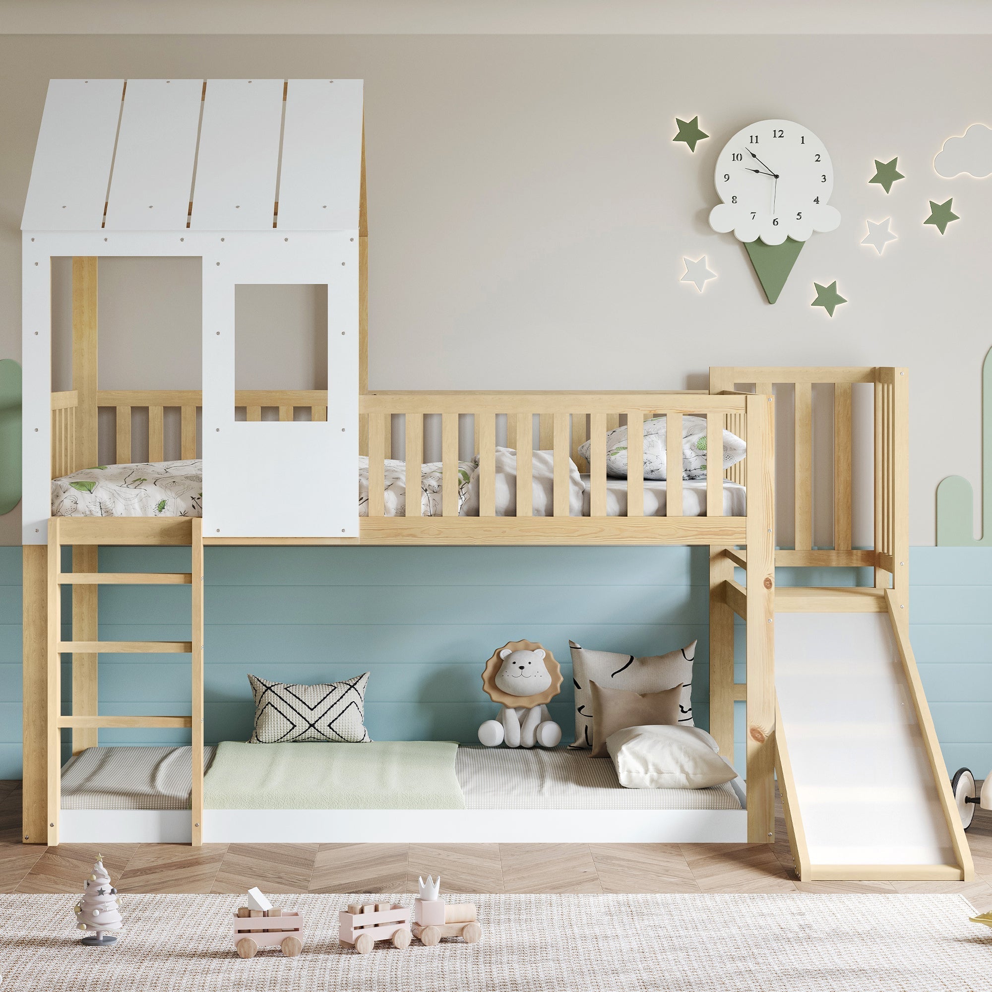 High Sleeper Bed with Slide, Roof, & Storage, 3ft Single, Pine/MDF, White/Wood Colour