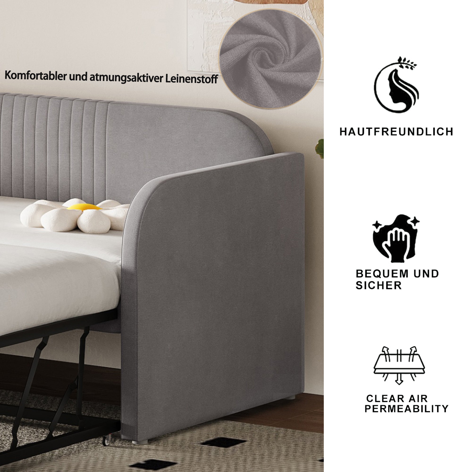 Upholstered Bed, Pull-Out Sofa Bed with Slatted Frame, Multifunctional, Light Grey Linen