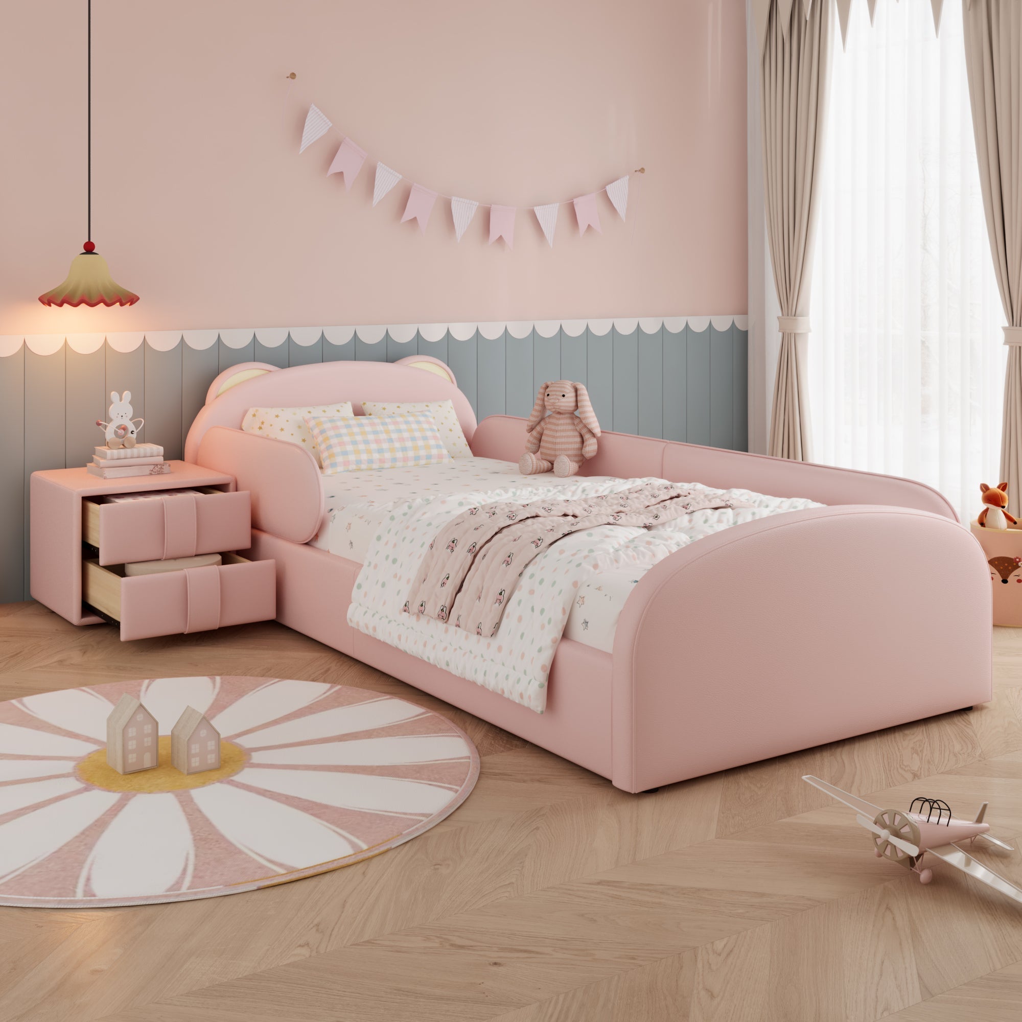 Upholstered Children's Bed with Bear-Shaped Headboard and Matching Bedside Table, 90x200cm, Pink Velvet