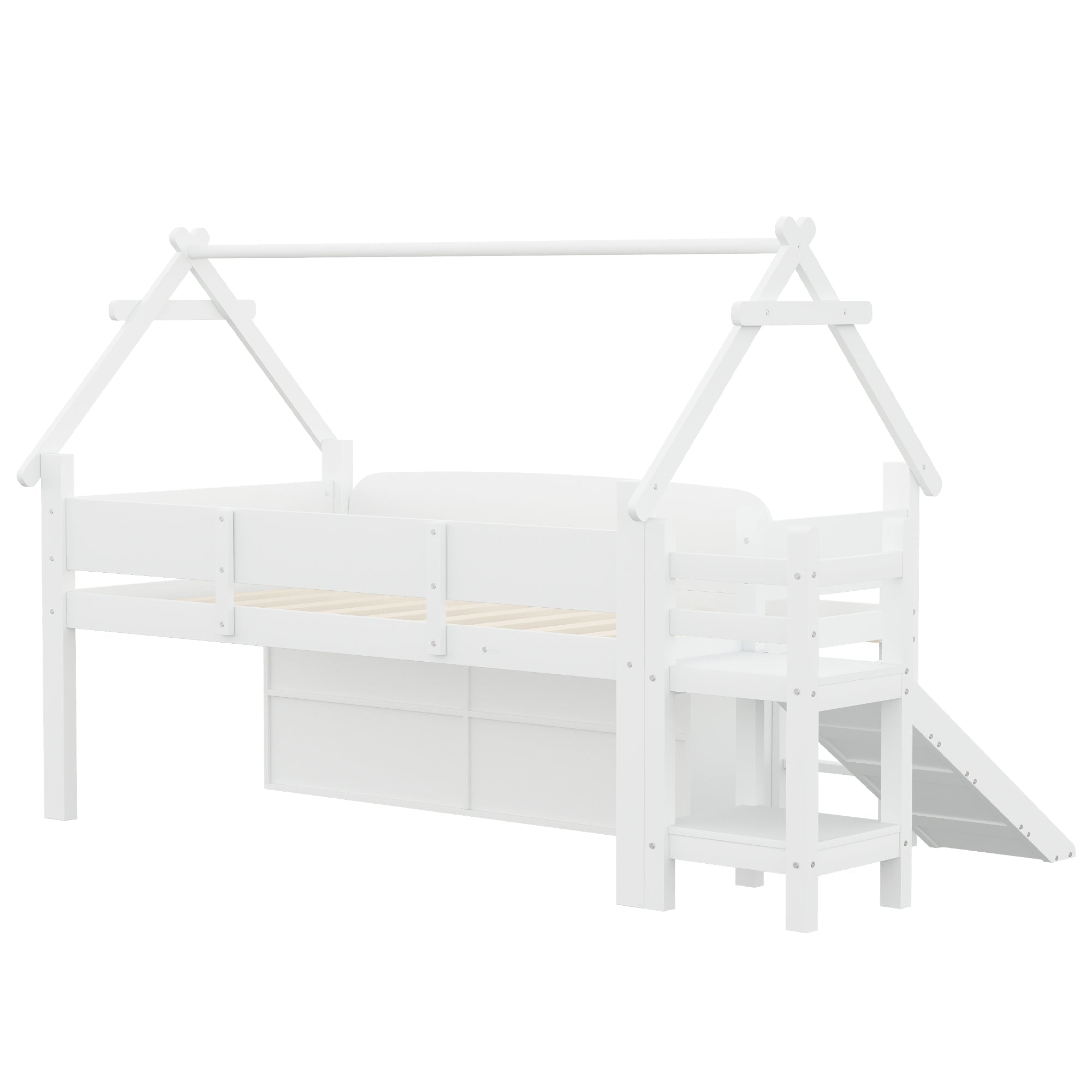 Children's Loft Bed with Roof Frame, Slide, and Storage, White Solid Wood