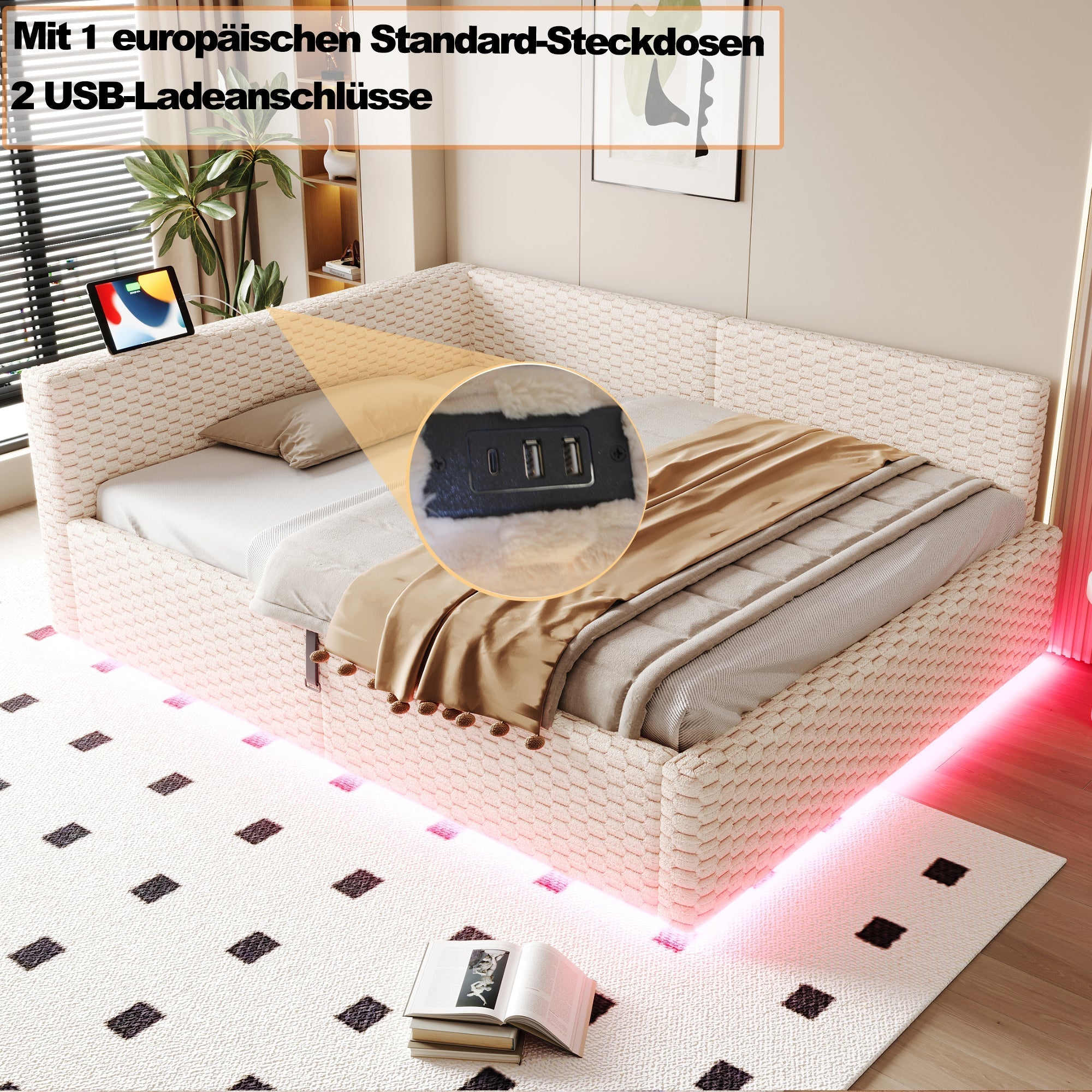 Upholstered Bed 140x200cm with LED, USB, L-Shaped Backrest and Hydraulic Frame, Beige Velvet