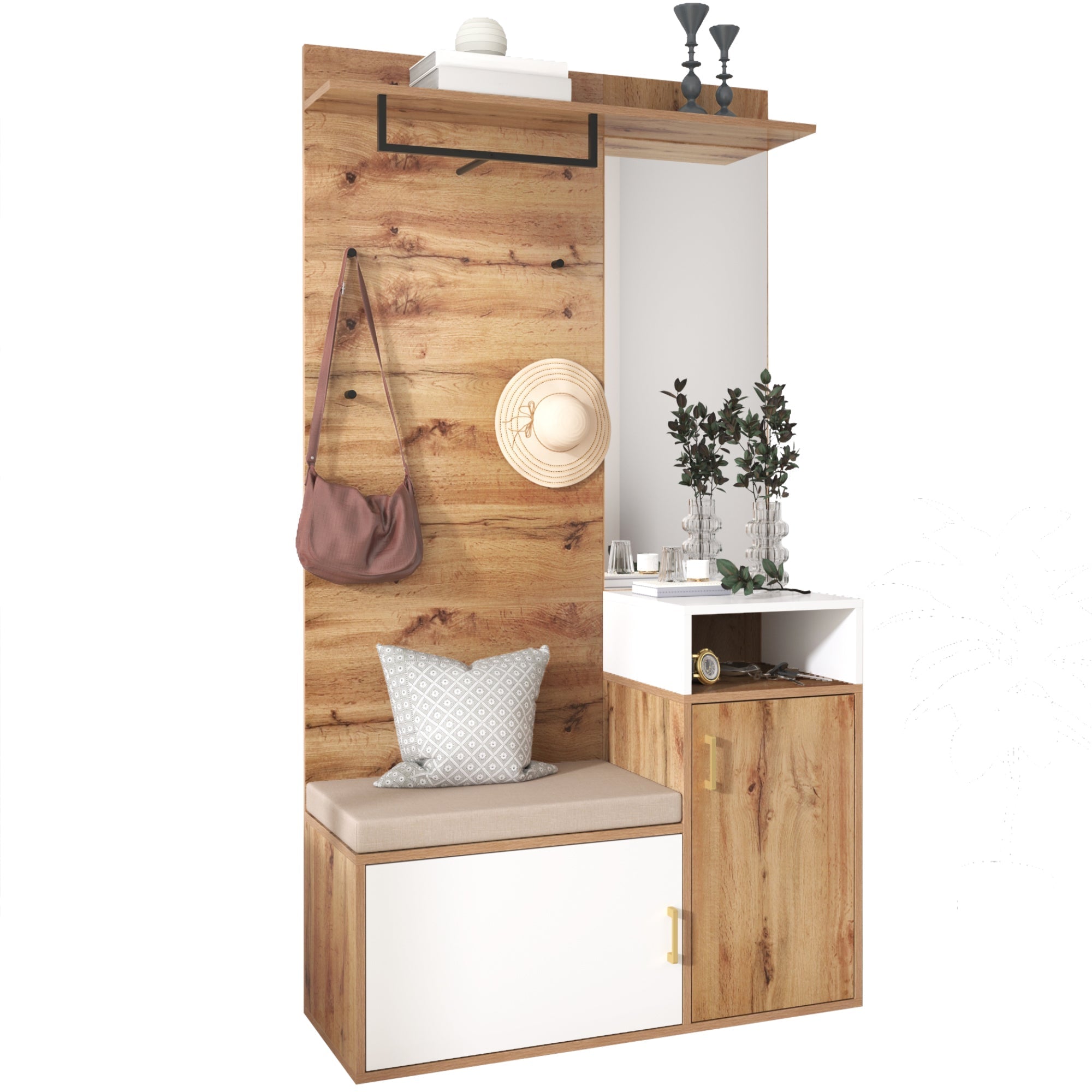 Wardrobe Set with Mirror, Shoe Cabinet, Coat Rack, Bench, Hooks - White and Wood-colored