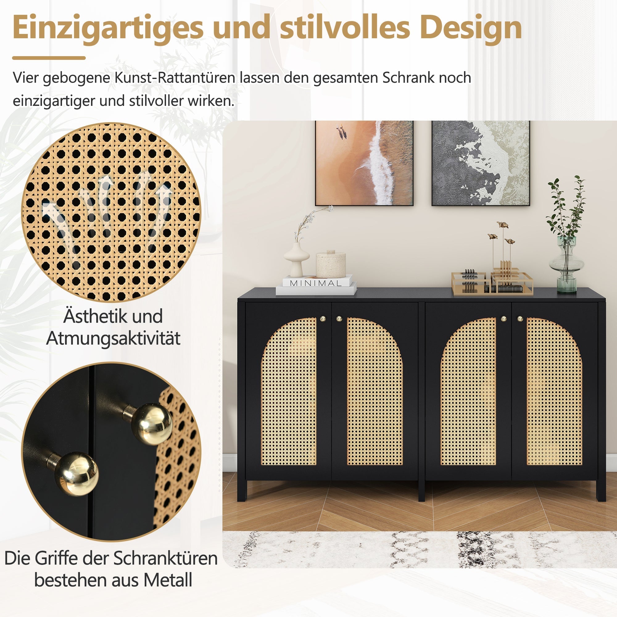 Sideboard, Minimalist with 4 Rattan Doors & Metal Handles, Black