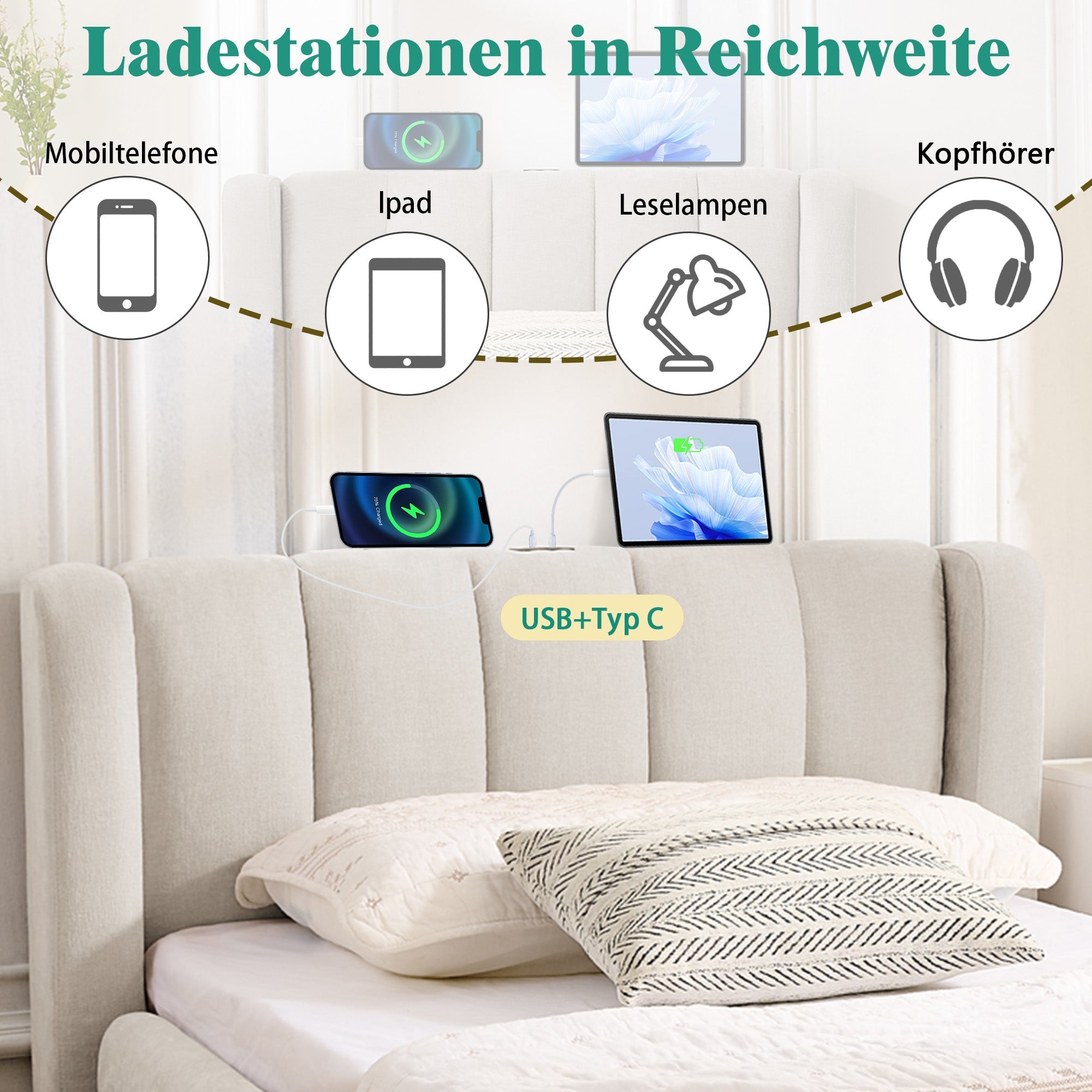 Single Bed 90x200 cm with Side Storage and USB Charging Port, Beige Chenille Fabric