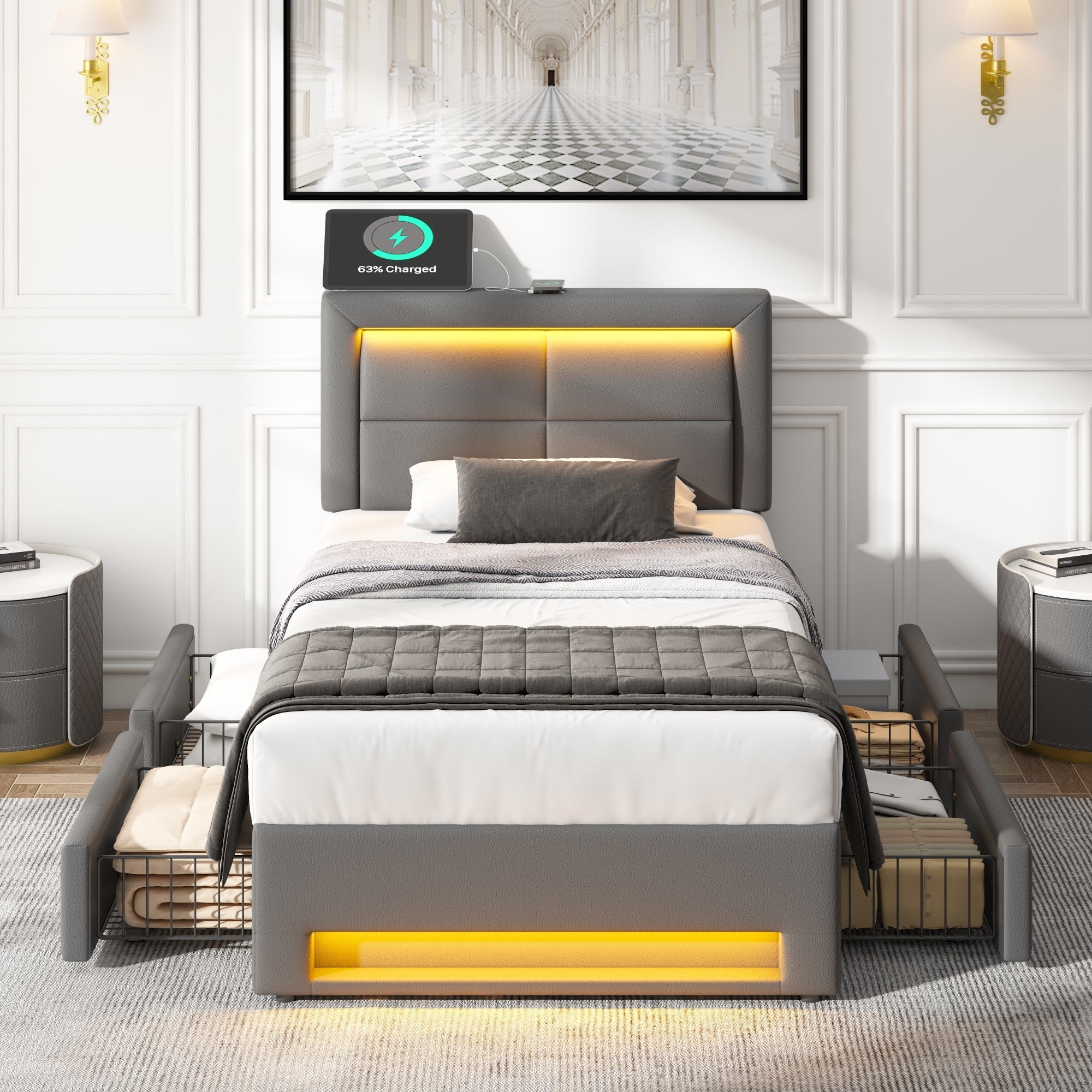 Upholstered Bed 90x190cm USB/Wireless Charging LED 4 Drawers - Grey PU Lychee