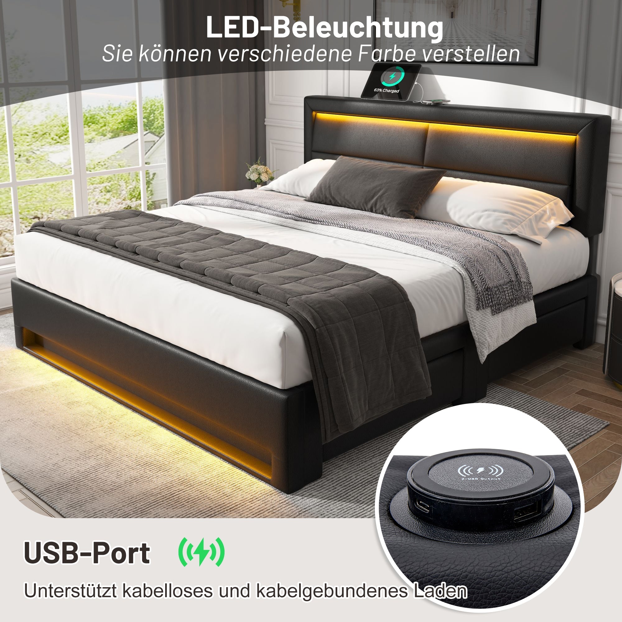 Upholstered Bed 160x200cm with USB Charging, LED Lighting and 4 Drawers, Black PU Lychee Pattern