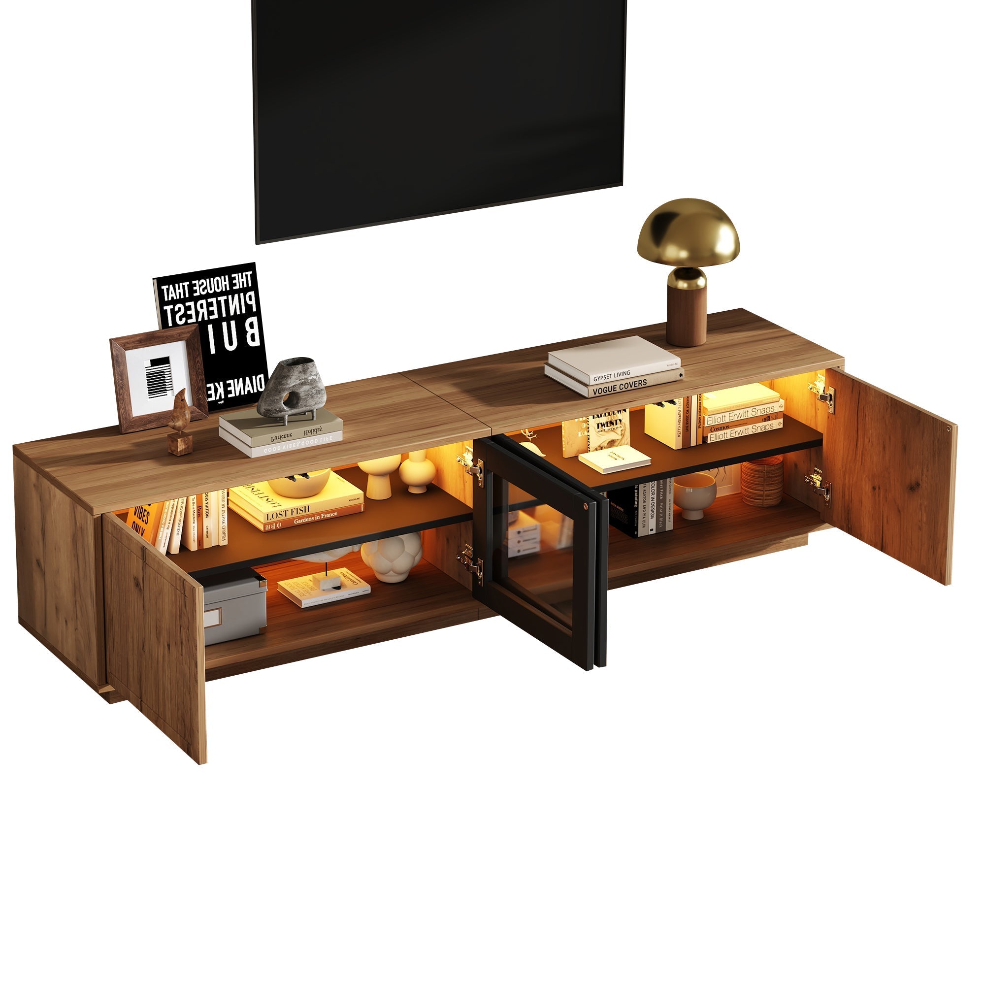 TV Cabinet 180cm for 75 Inch TV, LED Light Strip, Natural Wood & Black Glass