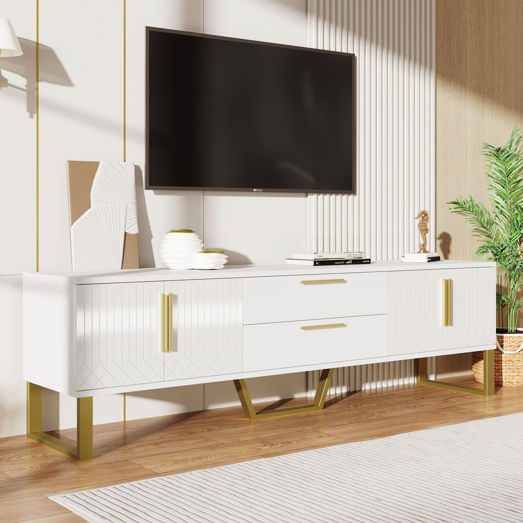 High-Gloss TV Cabinet Engraved Door Gold Handles & Feet Storage