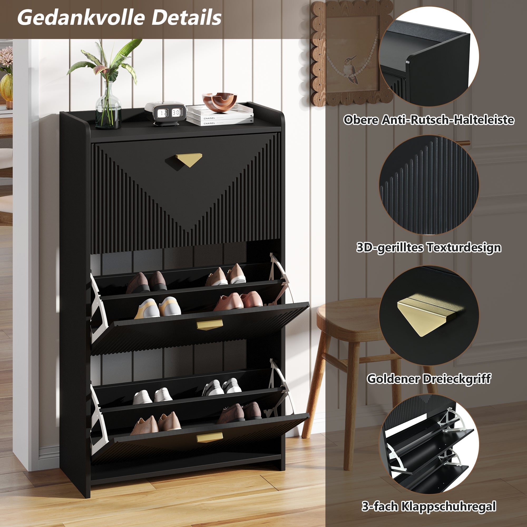 Shoe Cabinet 70x30x120cm 3 Drop-Down Doors 6 Compartments Adjustable Width Black