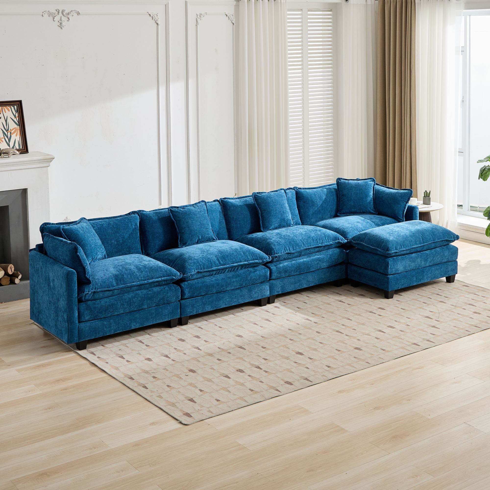 Cloud Sofa 4 Seats Sectional Couch with Double Layer Upholstered Cushion, Blue Chenille Fabric