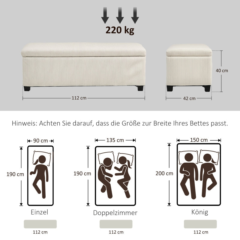 Bench with storage, upholstered corduroy, steel legs, beige