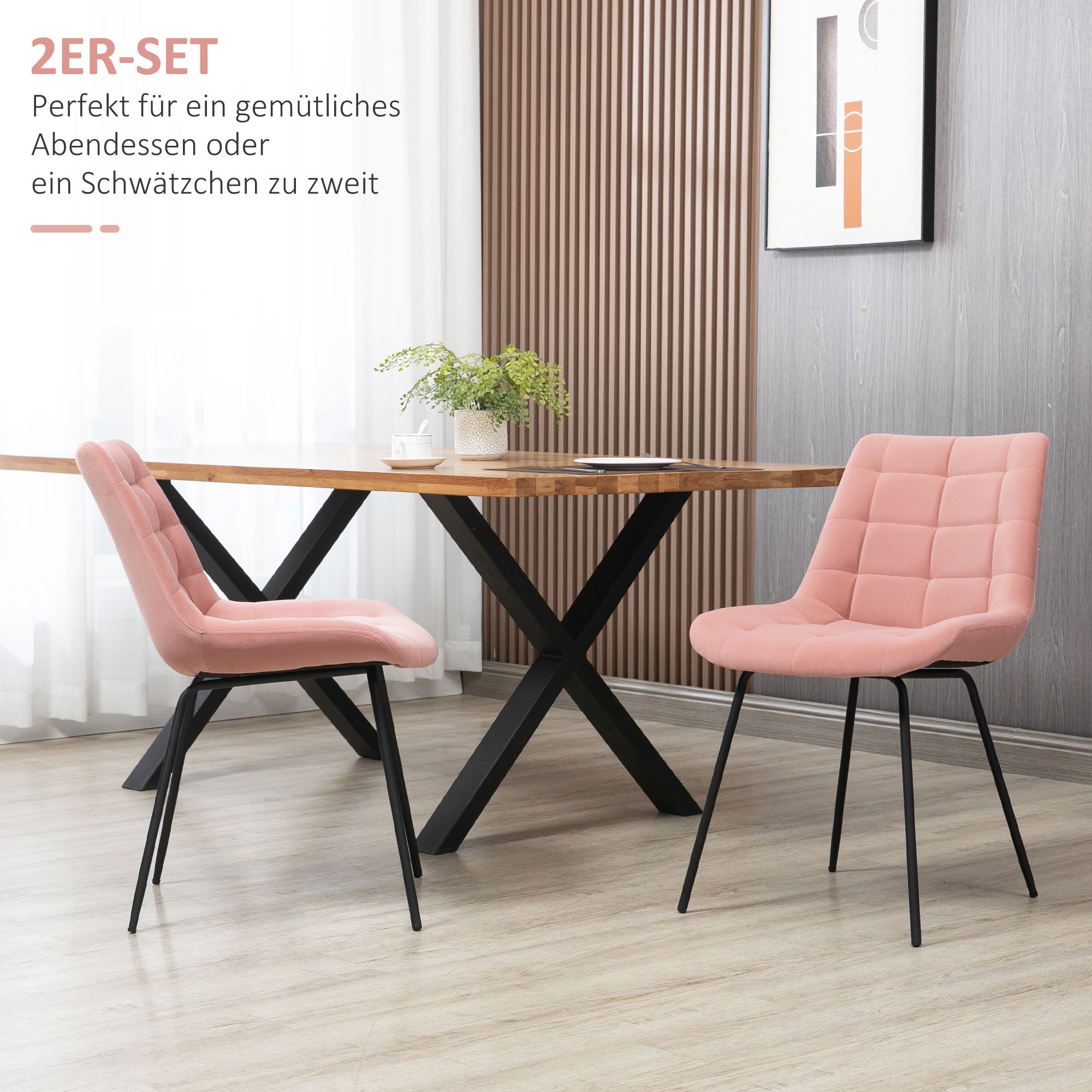 Dining Chair Set, Velvet Backrest, Steel Legs, Pink