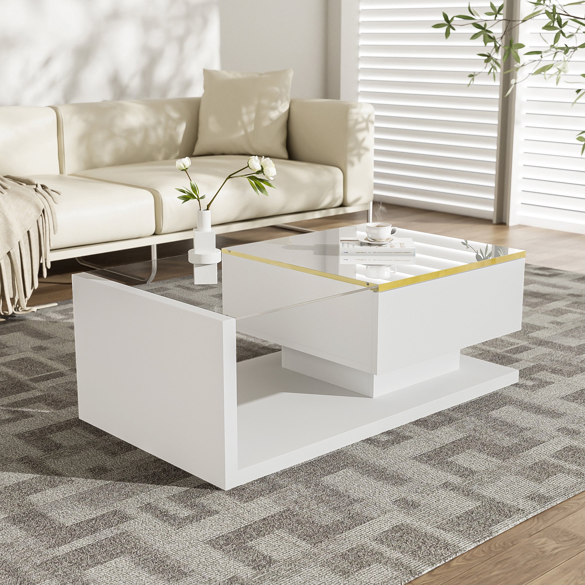 Coffee Table 90cm, High-Gloss White with Glass & LED Effect