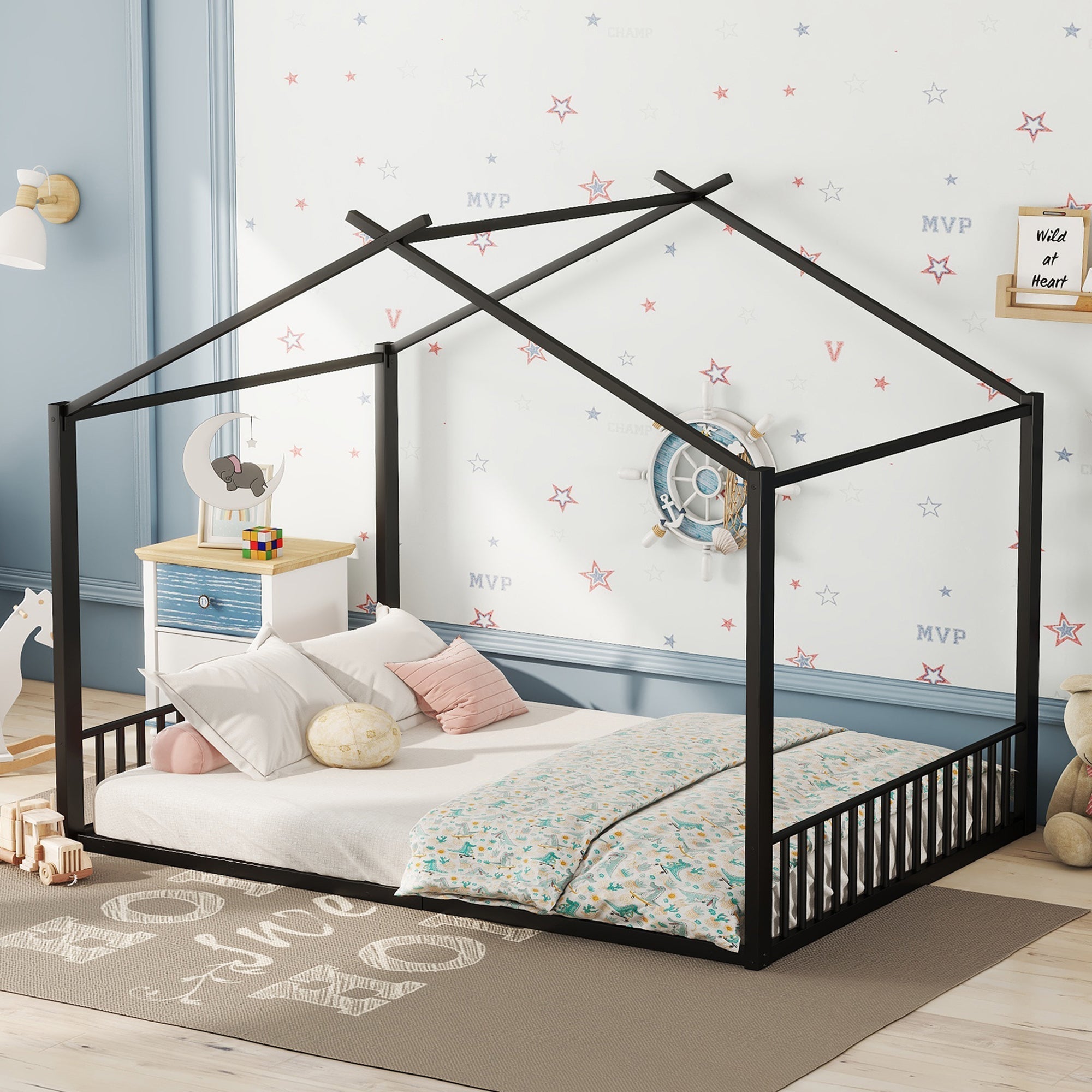 Children's Flat Bed 140x200cm House Rail Iron Frame Black