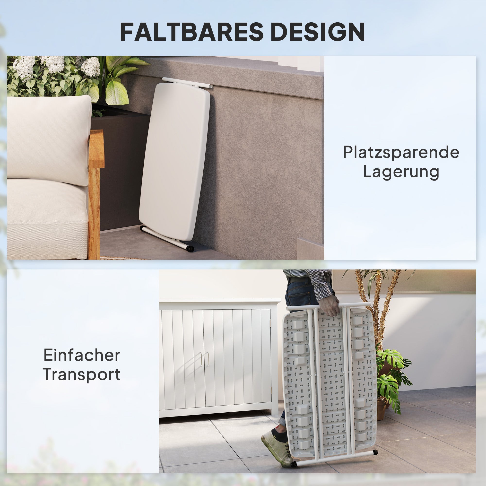 Side Table, Height-Adjustable Foldable Outdoor/Indoor, 76x50x74cm, Plastic White