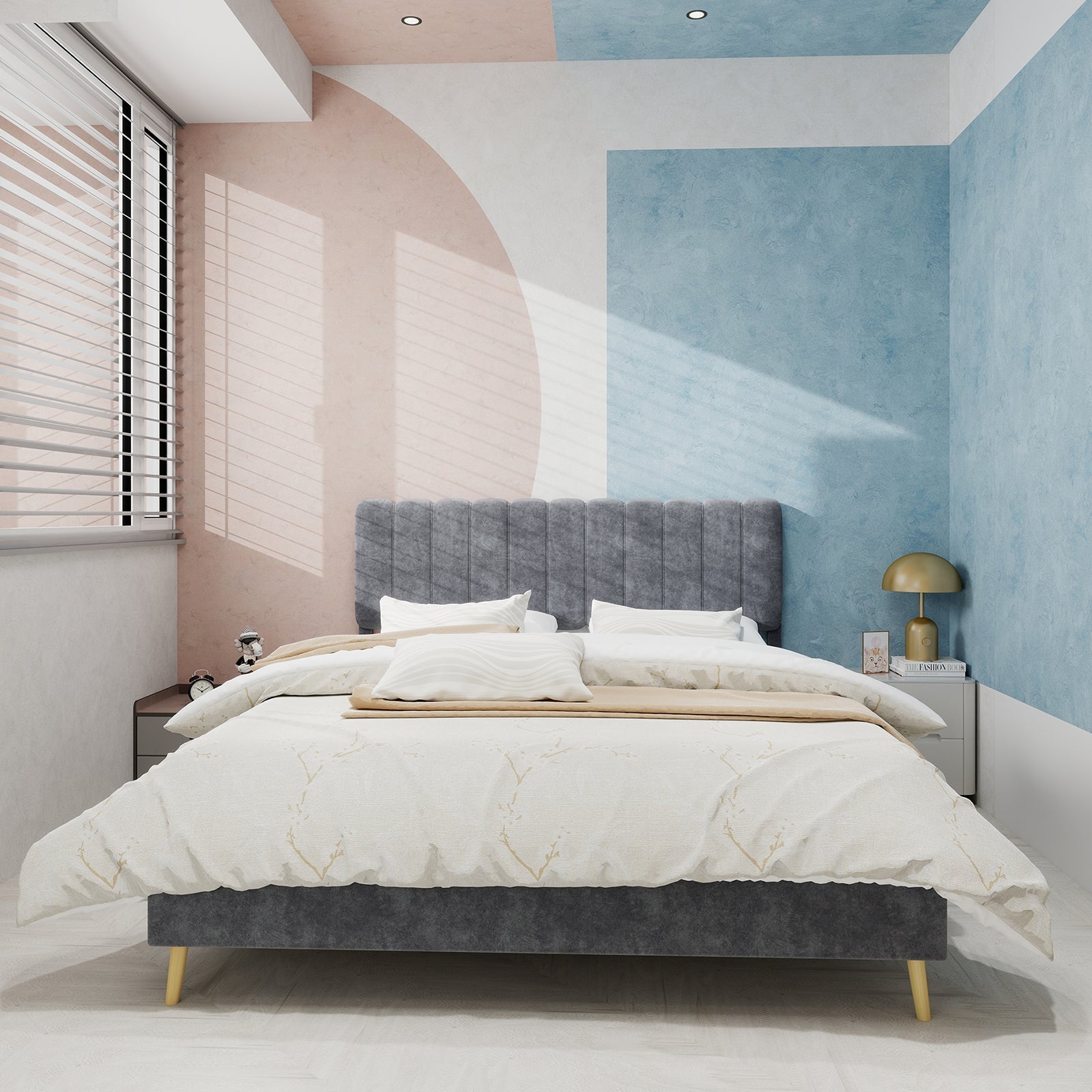 Modern Minimalist Upholstered Bed, Soft Headboard, 160x200 cm, Grey