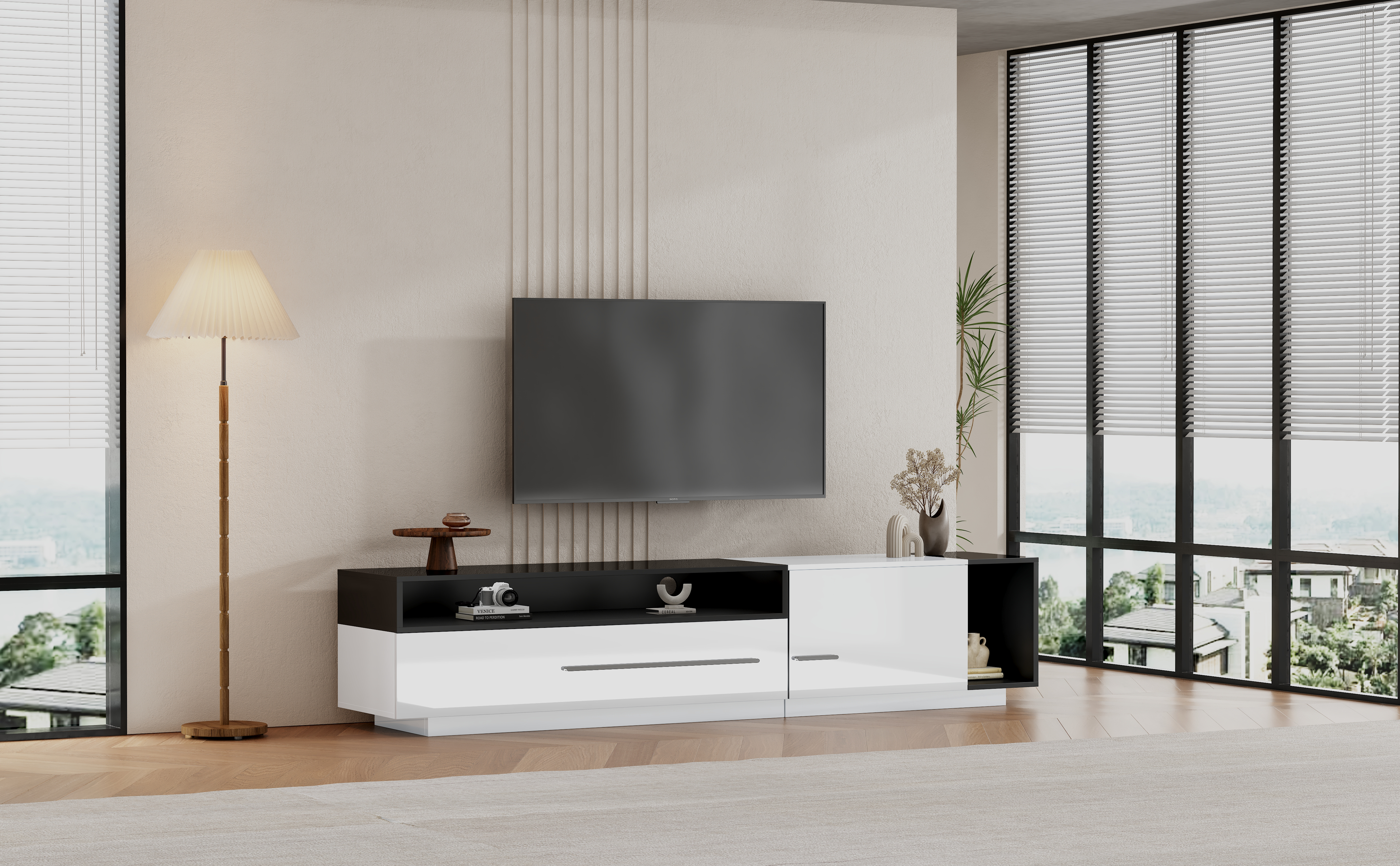 High-Gloss TV Cabinet, 170cm Lowboard for 70-inch TVs with Drawer & Door