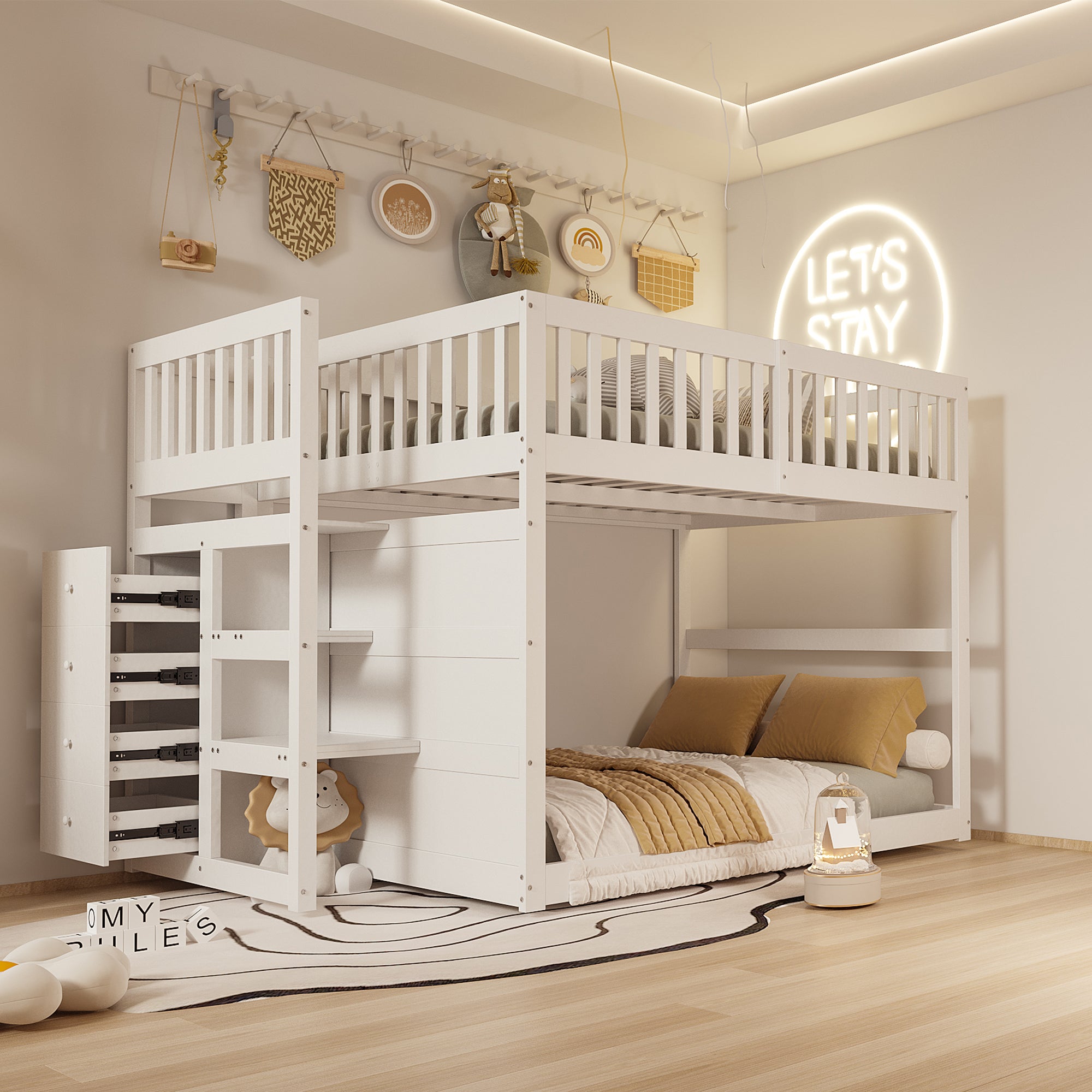 Wooden Bunk Bed with Ladder, Storage Drawers & Space-Saving Design, White