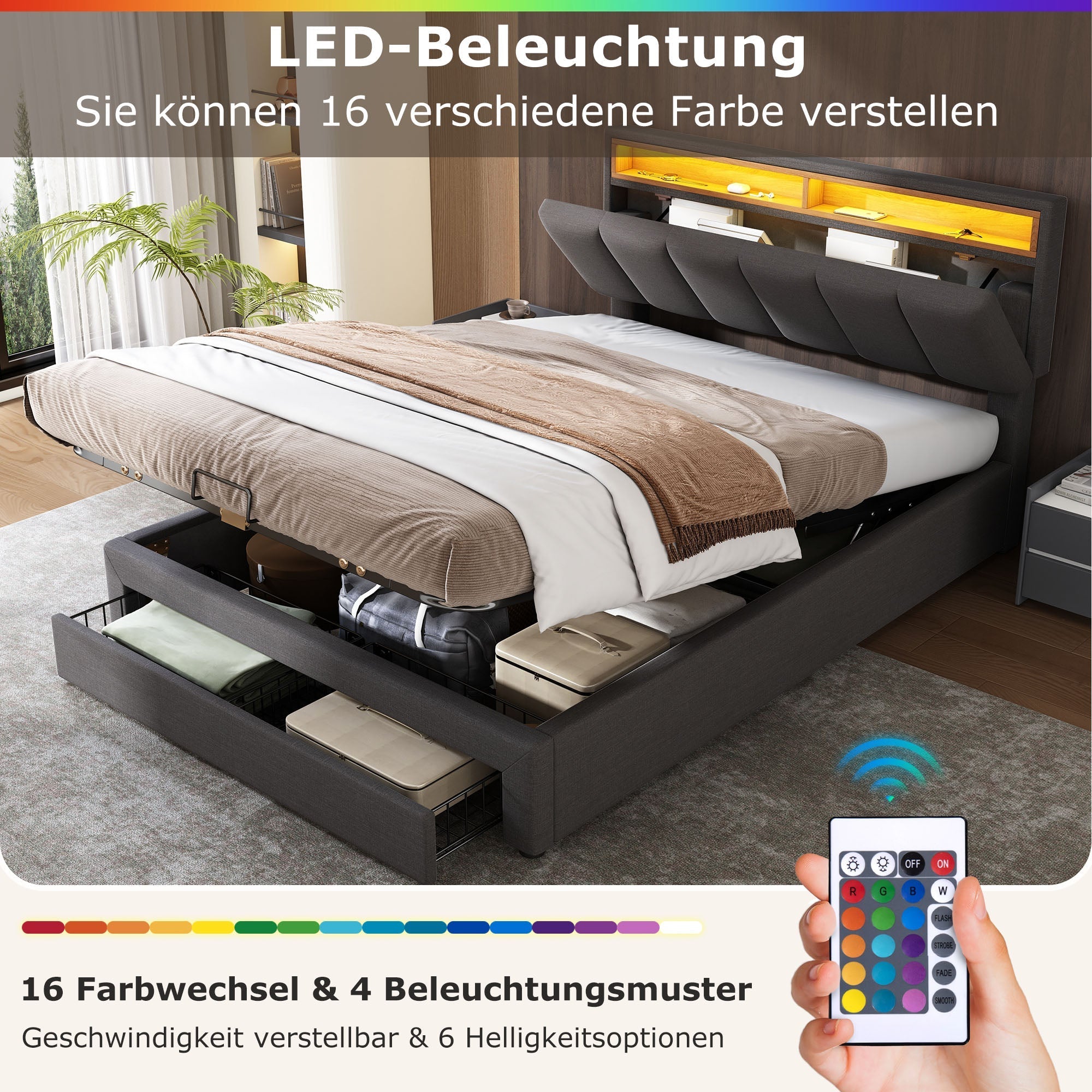 Upholstered Double Bed 180x200cm Hydraulic Storage LED Drawers - Linen Grey