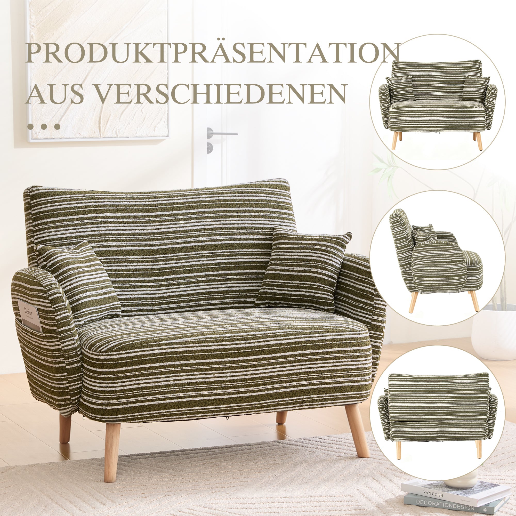 Modern Two-Seater Sofa with Comfortable Armrests and Storage Bag, Loop Fabric