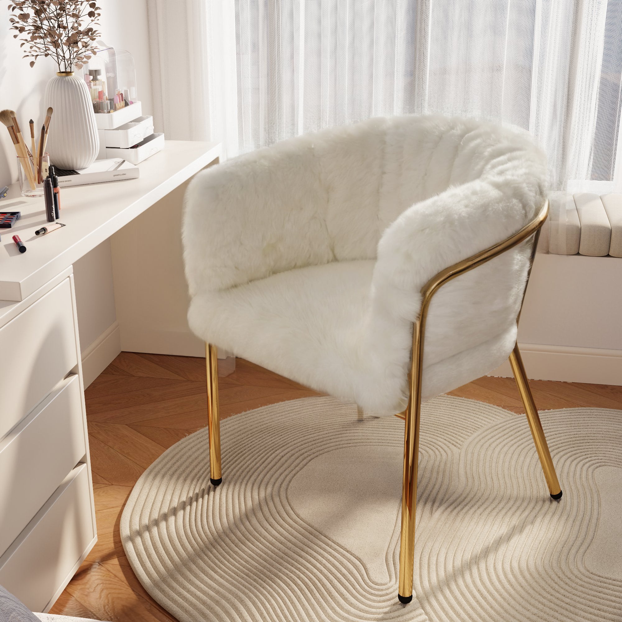 Leisure Chair, Single Dressing Dining Chair with 4 Metal Legs, Imitation Rabbit Down Beige